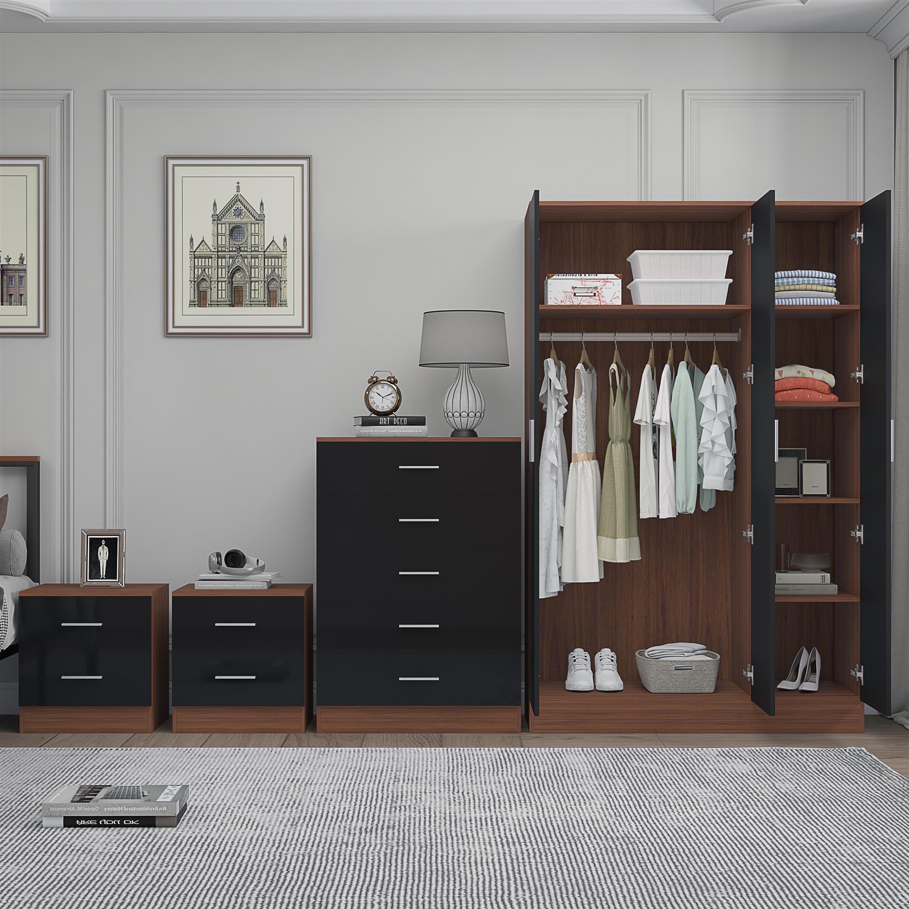 REFLECT Gloss 4pc Set - 3 Door Mirrored Wardrobe + 5 Draw Chest + 2 Bedsides - Picture 20 of 52