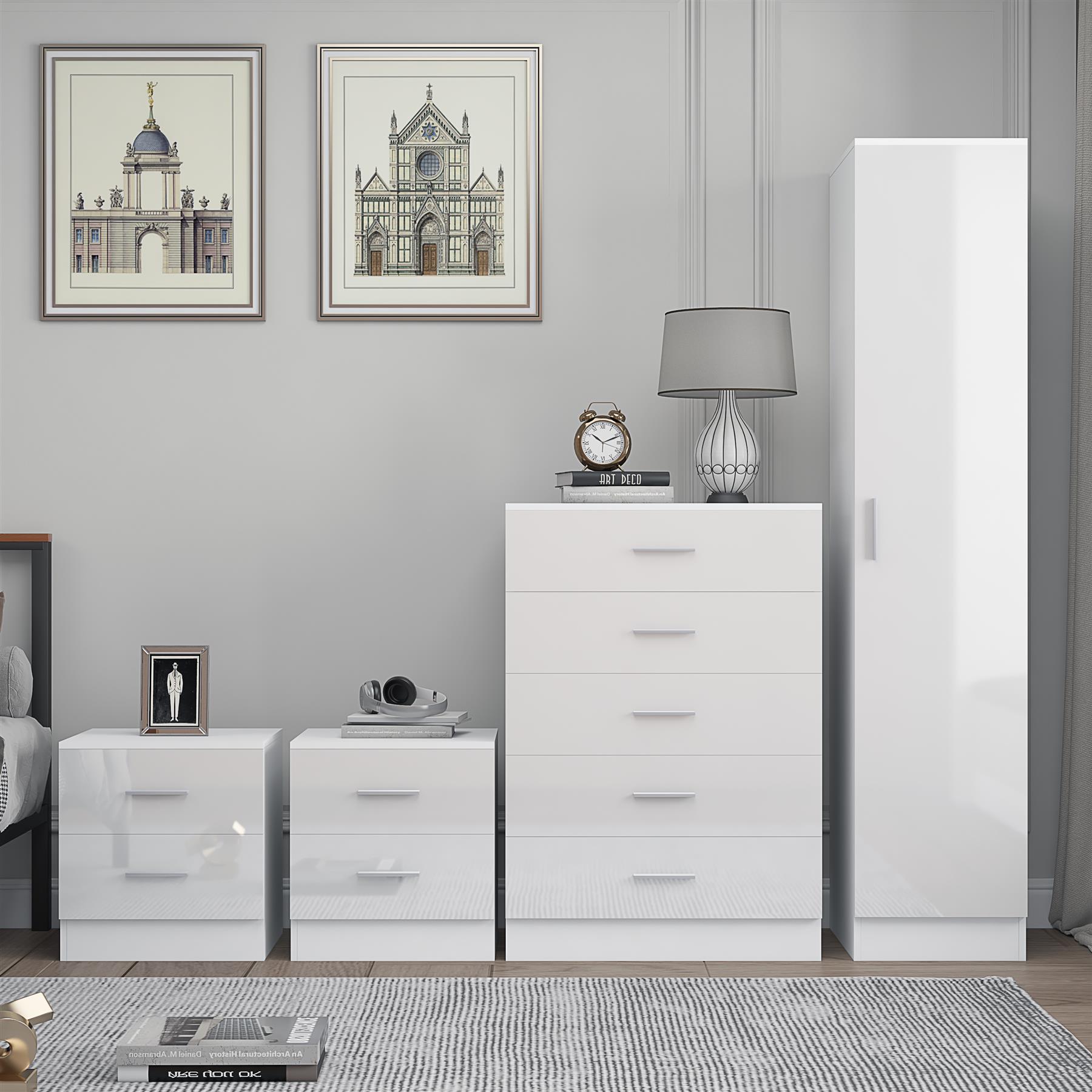 REFLECT Gloss 4pc Bedroom Set - 1 Door Wardrobe + 5 Draw Chest + 2 Bedsides - Picture 40 of 49
