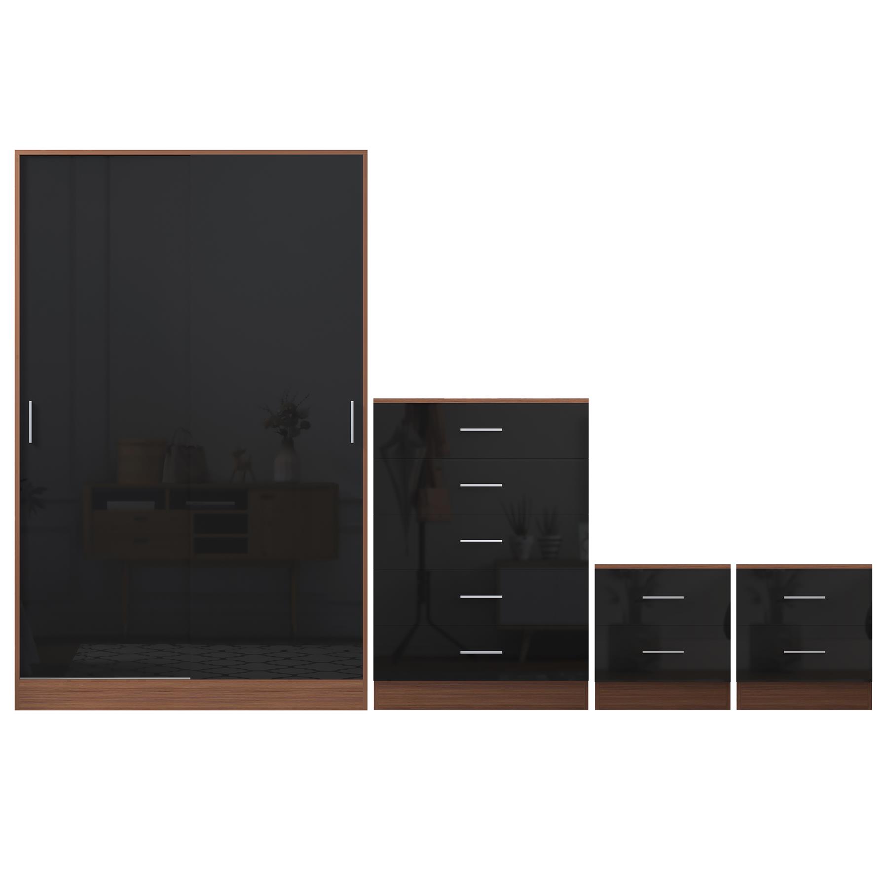 REFLECT Gloss 4pc Set - 2 Door Sliding Wardrobe + 5 Draw Chest + 2 Bedsides - Picture 18 of 41
