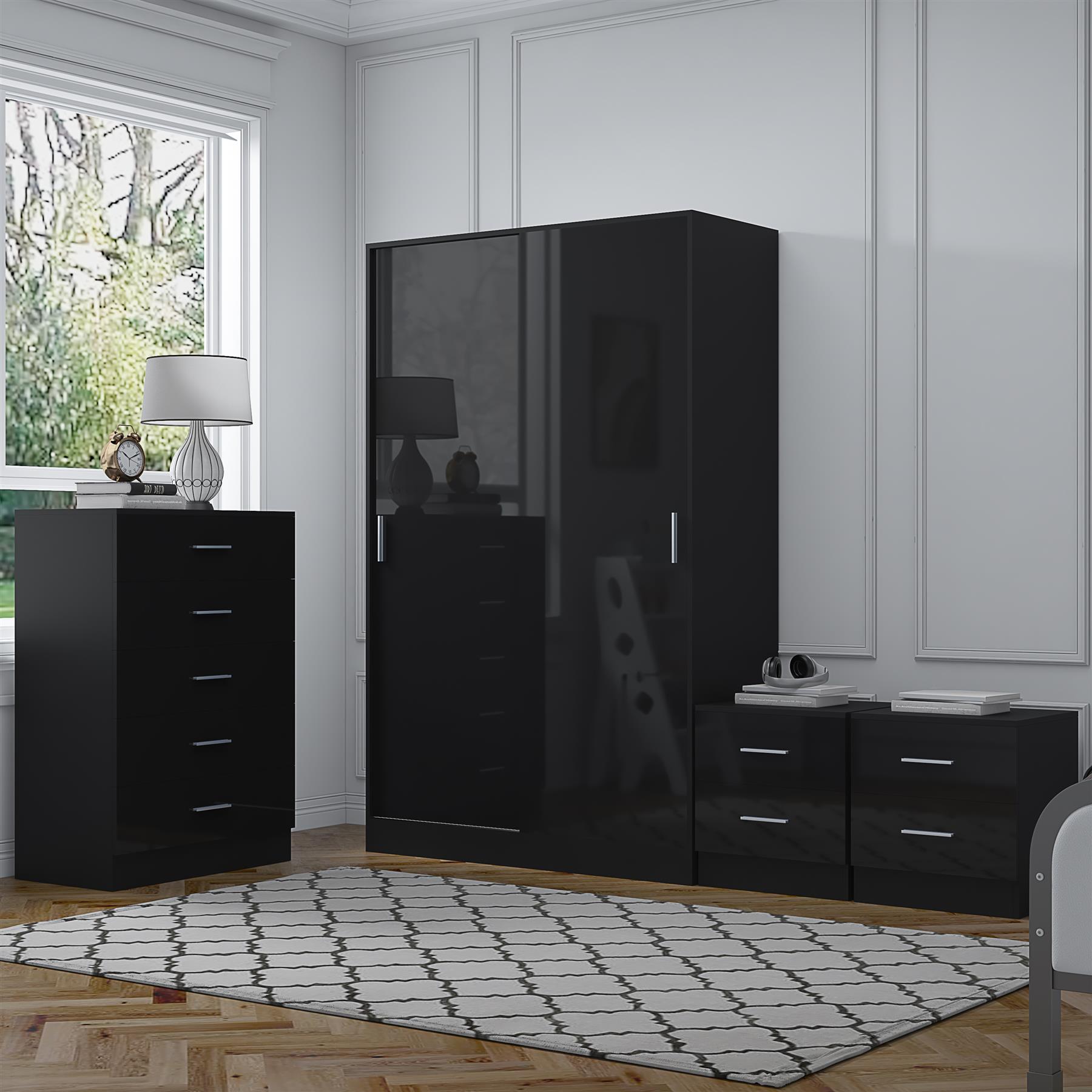 REFLECT Gloss 4pc Set - 2 Door Sliding Wardrobe + 5 Draw Chest + 2 Bedsides - Picture 3 of 41
