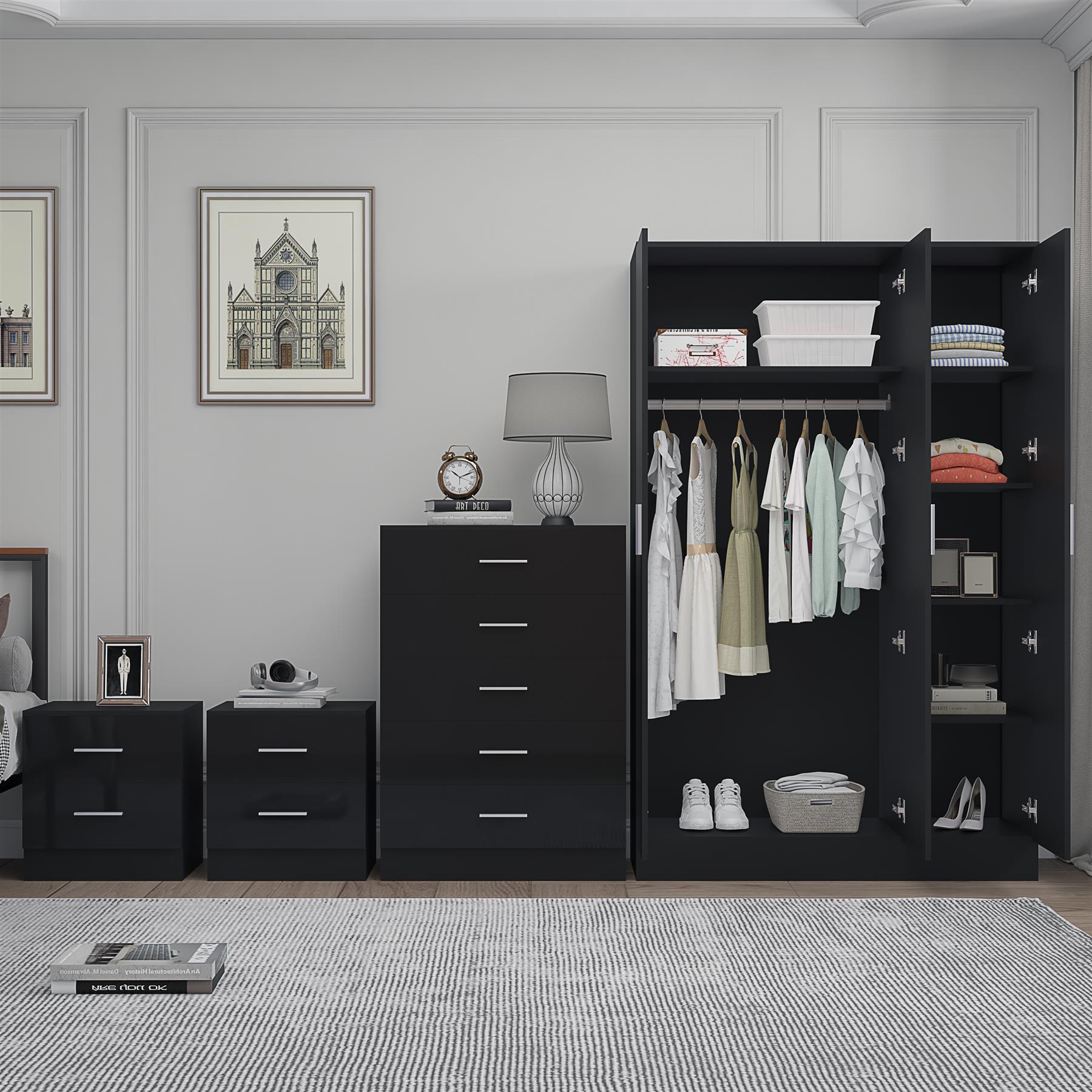 REFLECT Gloss 4pc Set - 3 Door Mirrored Wardrobe + 5 Draw Chest + 2 Bedsides - Picture 8 of 52