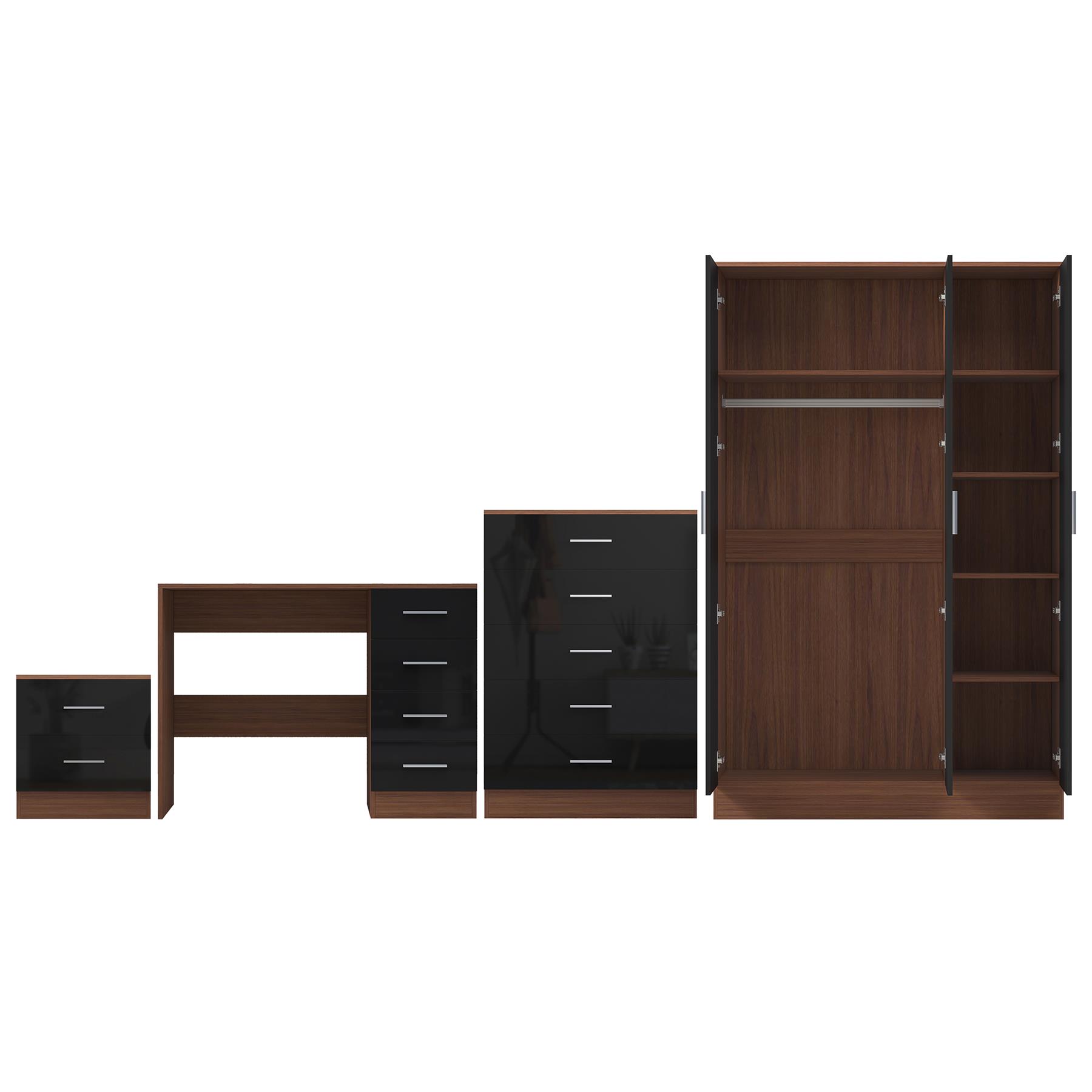 REFLECT Gloss 4pc Bedroom Set - 3 Door Wardrobe + Tall Chest + Bedside + Desk - Picture 17 of 41