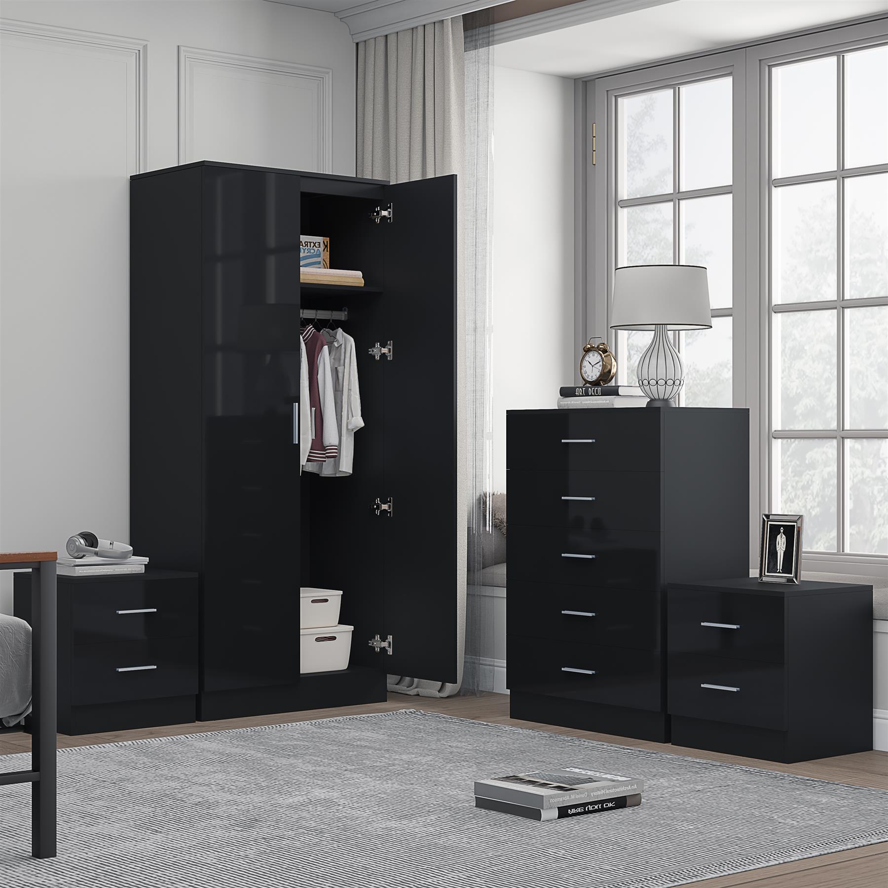 REFLECT Gloss 4pc Bedroom Set - 2 Door Wardrobe + 5 Draw Chest + 2 Bedsides - Picture 3 of 49