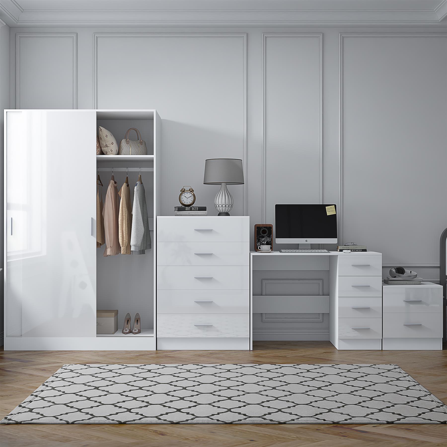 REFLECT Gloss 4pc Set - 2 Door Sliding Wardrobe + 5 Draw Chest + Bedside + Desk - Picture 34 of 41