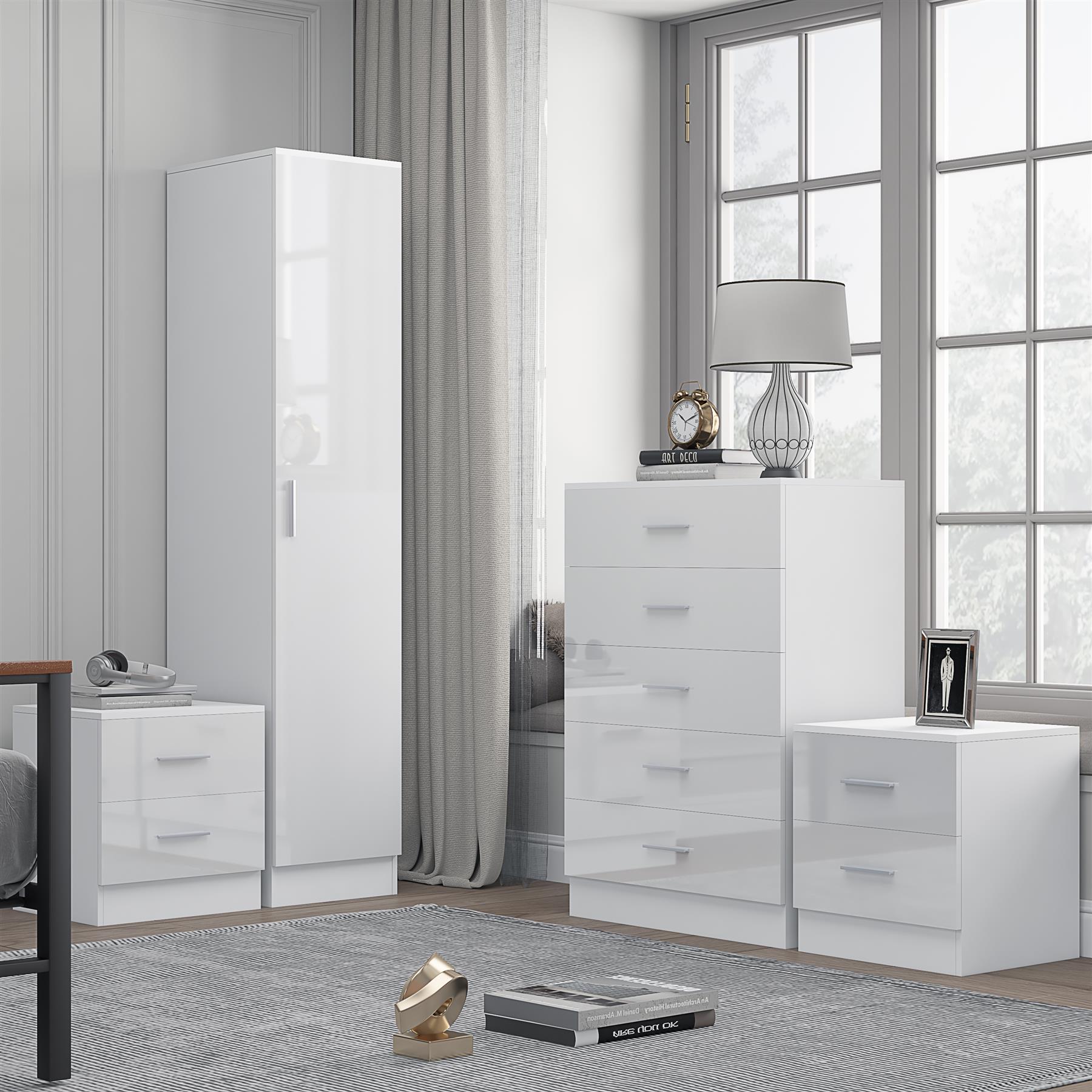 REFLECT Gloss 4pc Bedroom Set - 1 Door Wardrobe + 5 Draw Chest + 2 Bedsides - Picture 38 of 49