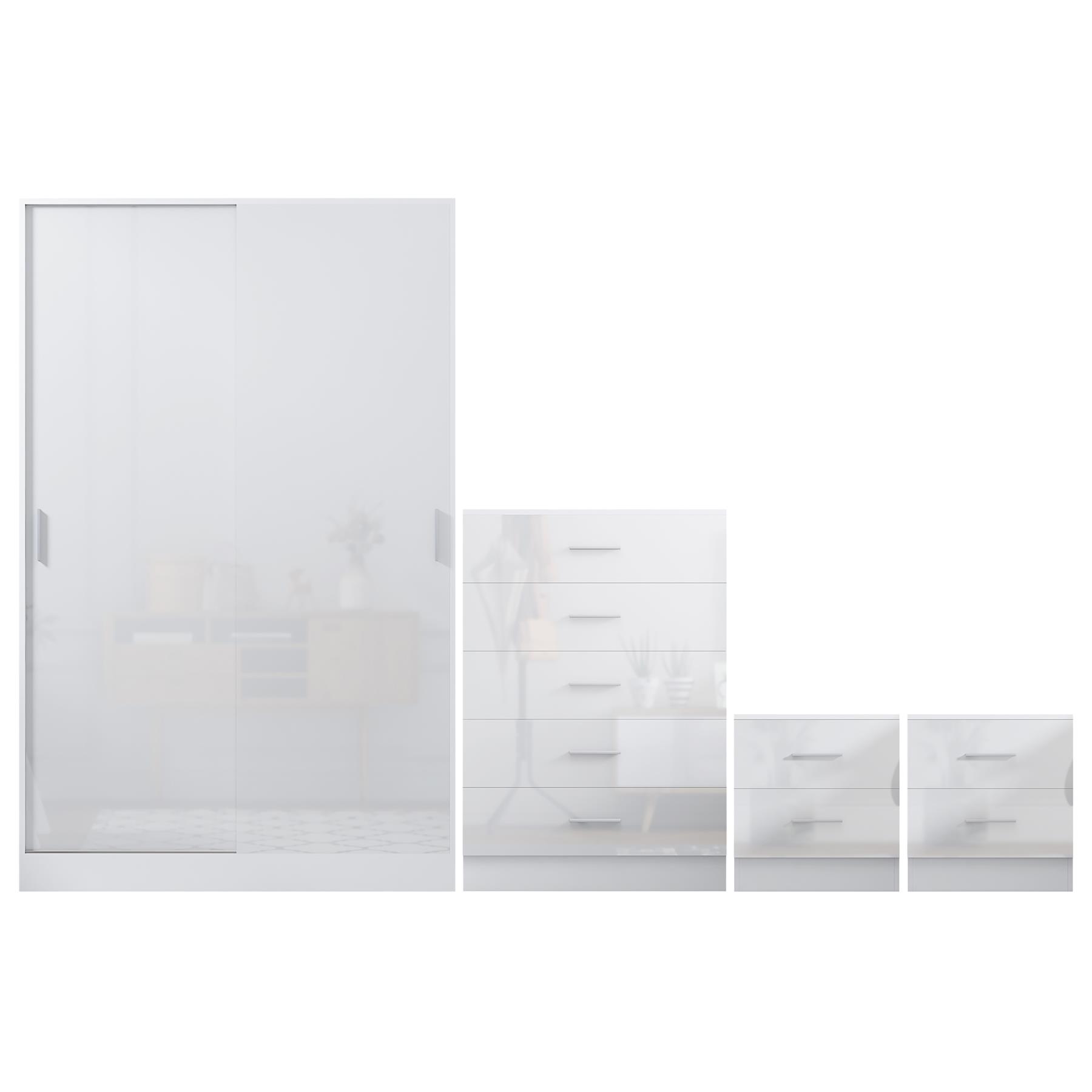 REFLECT Gloss 4pc Set - 2 Door Sliding Wardrobe + 5 Draw Chest + 2 Bedsides - Picture 37 of 41