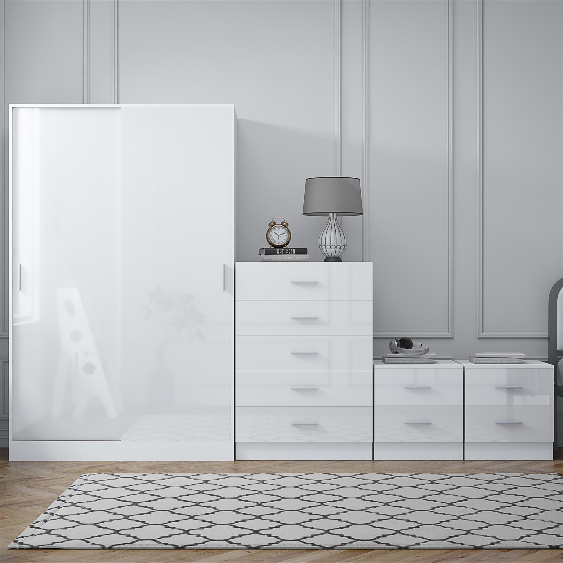 REFLECT Gloss 4pc Set - 2 Door Sliding Wardrobe + 5 Draw Chest + 2 Bedsides - Picture 35 of 41