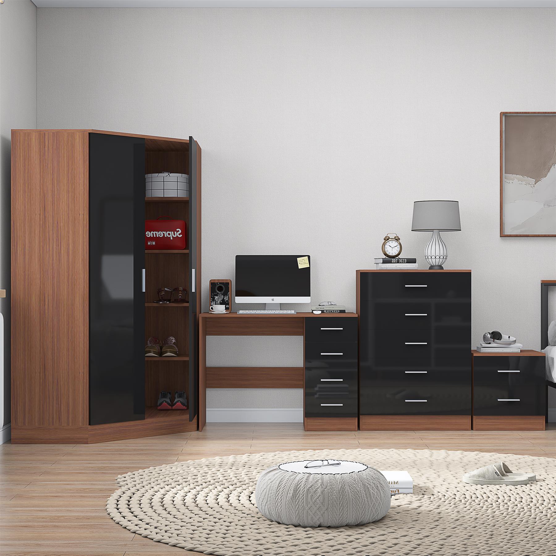 REFLECT Gloss 4pc Set - 2 Door Corner Wardrobe + 5 Draw Chest + Bedside + Desk - Picture 15 of 41