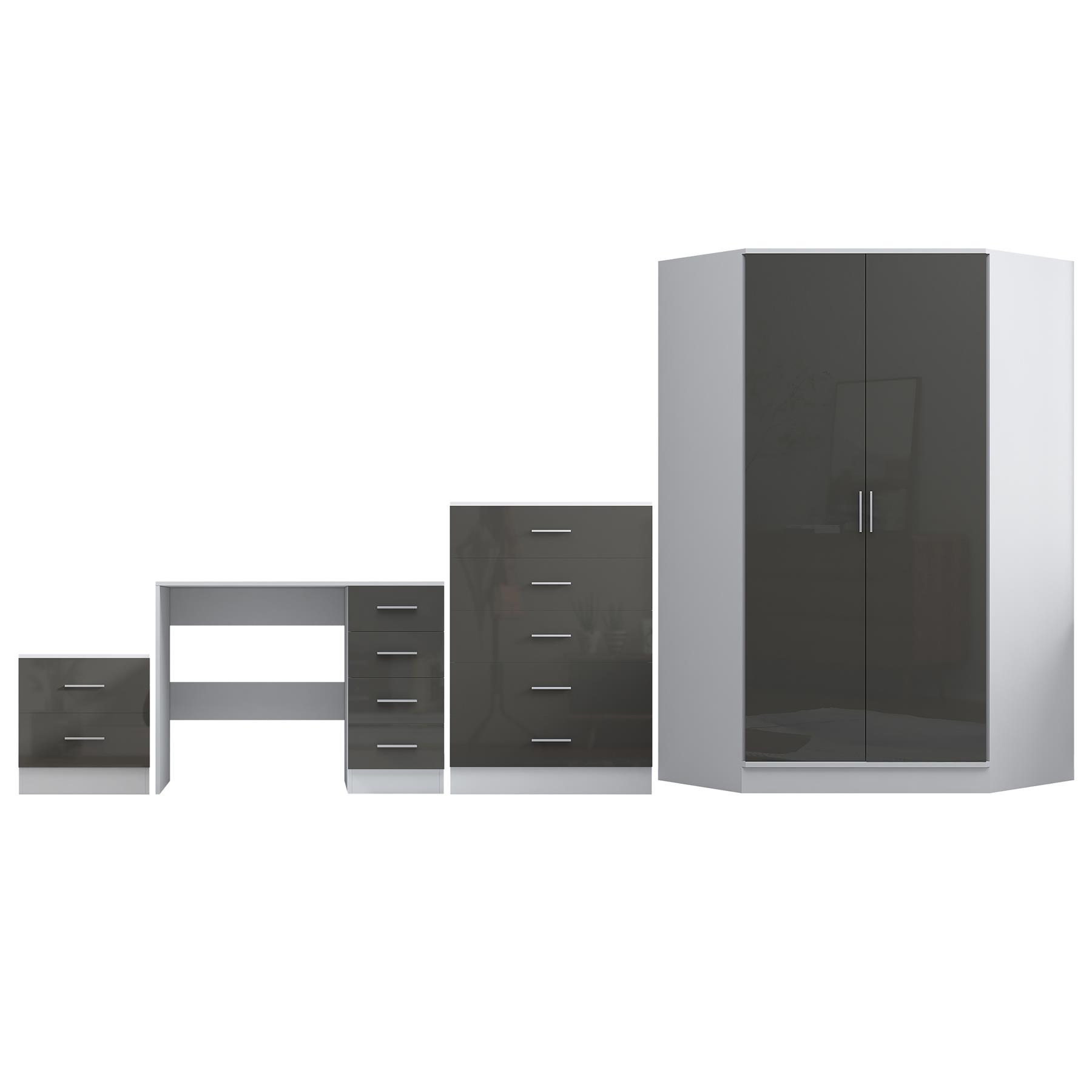 REFLECT Gloss 4pc Set - 2 Door Corner Wardrobe + 5 Draw Chest + Bedside + Desk - Picture 26 of 41