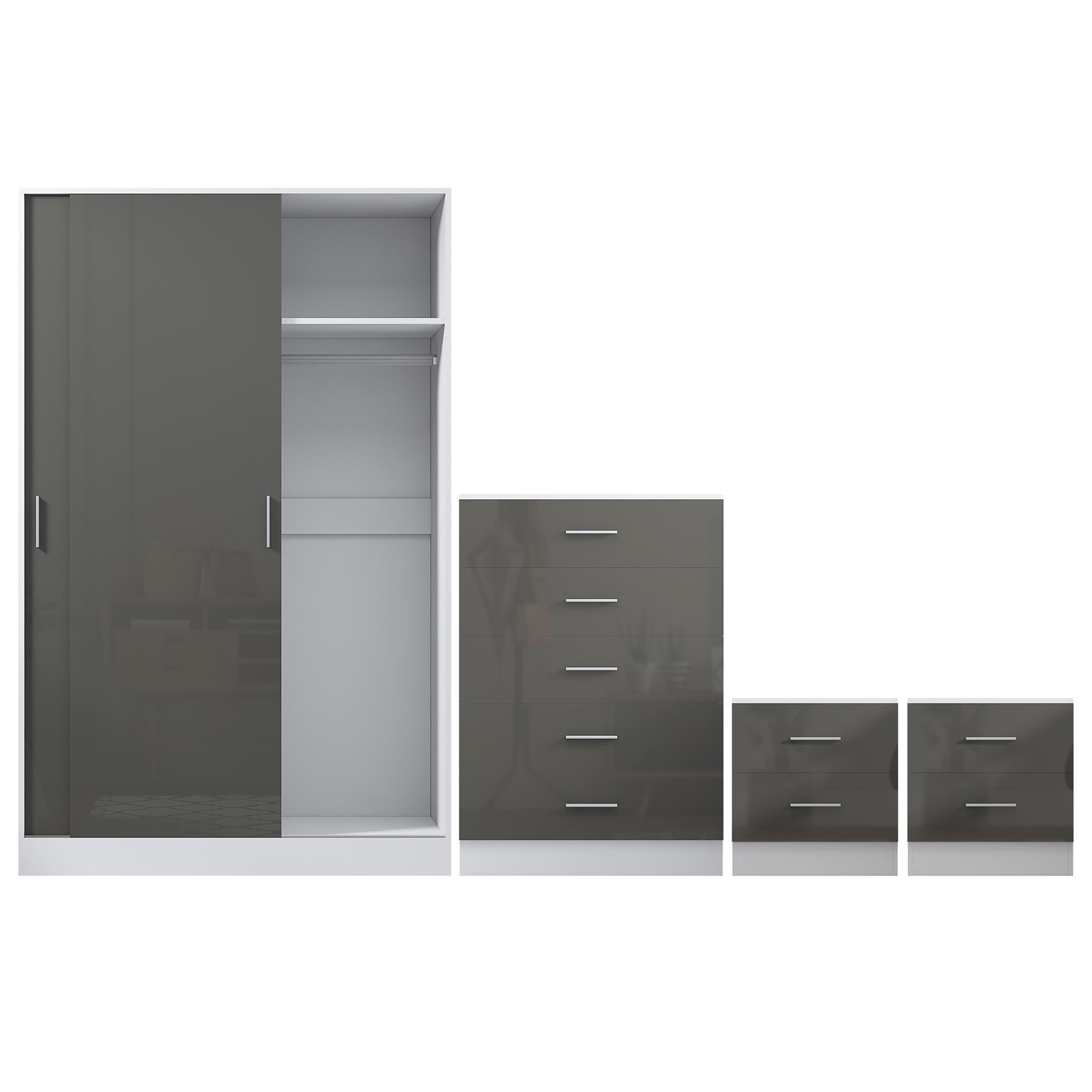 REFLECT Gloss 4pc Set - 2 Door Sliding Wardrobe + 5 Draw Chest + 2 Bedsides - Picture 28 of 41