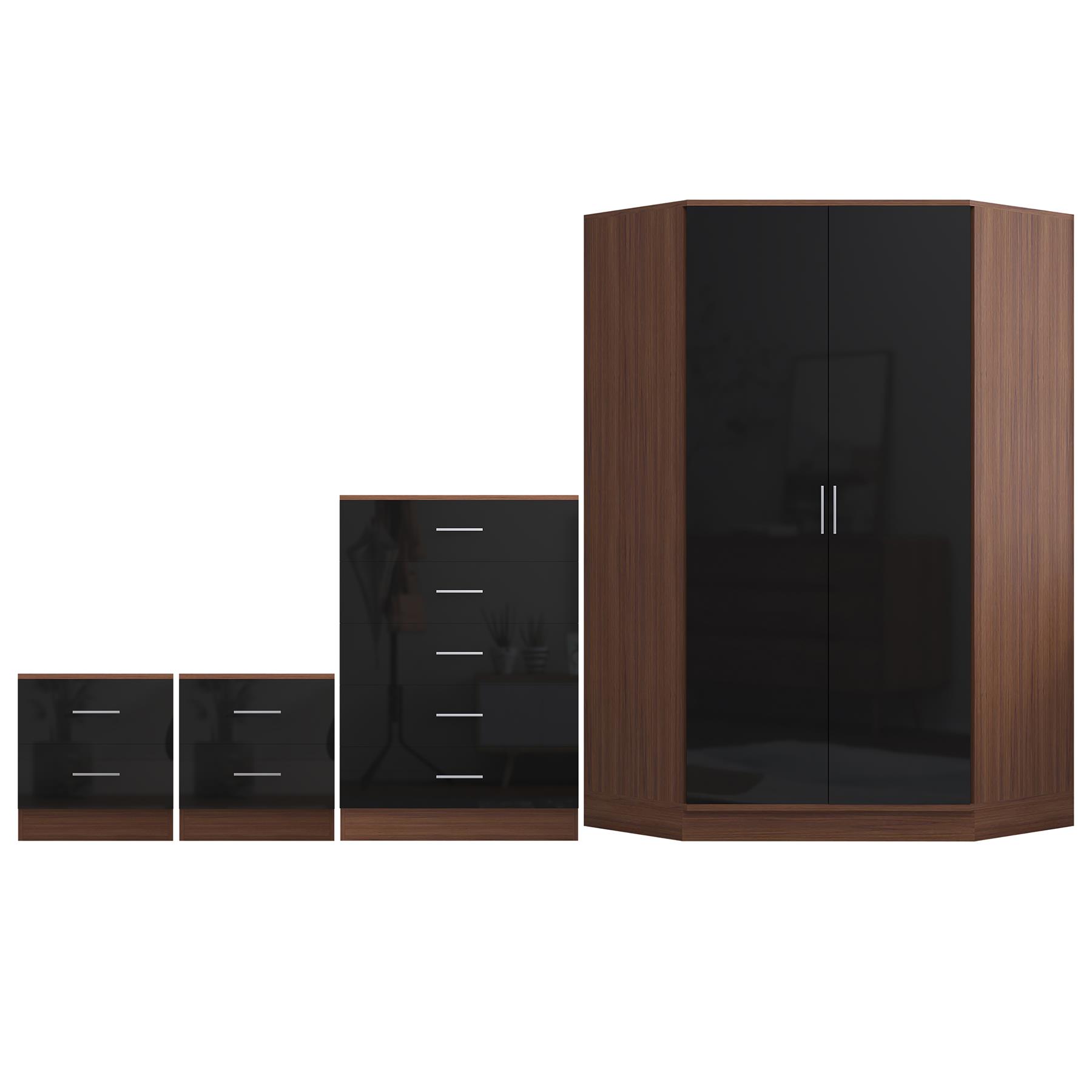 REFLECT Gloss 4pc Set - 2 Door Corner Wardrobe + 5 Draw Chest + 2 Bedsides - Picture 17 of 41