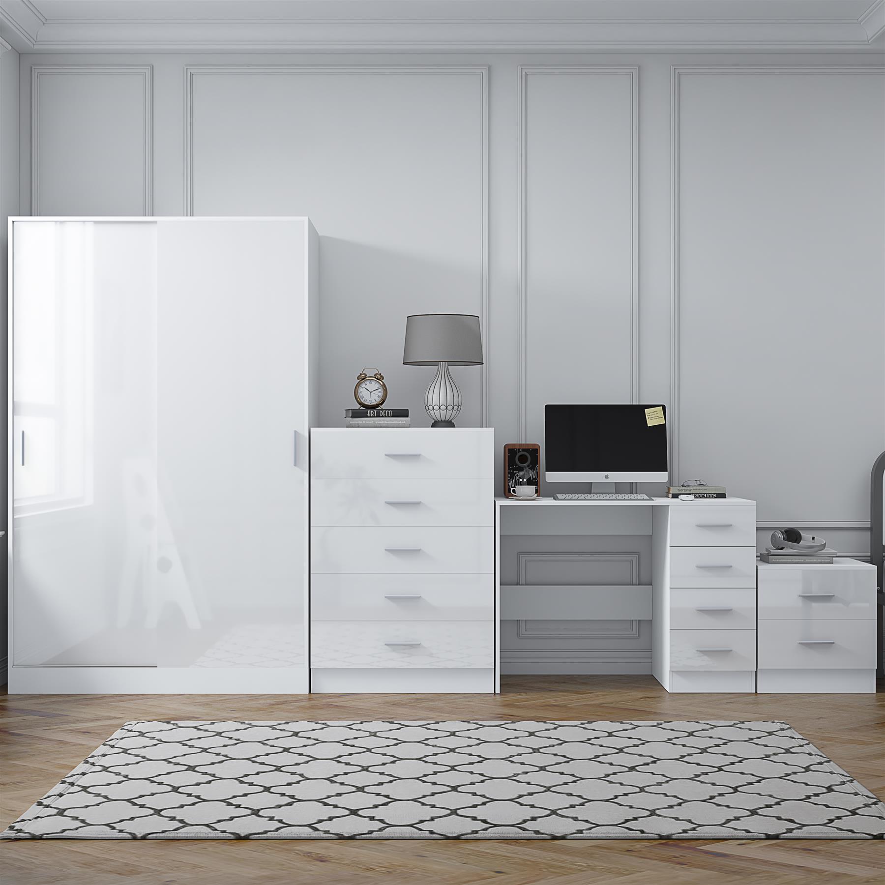 REFLECT Gloss 4pc Set - 2 Door Sliding Wardrobe + 5 Draw Chest + Bedside + Desk - Picture 35 of 41
