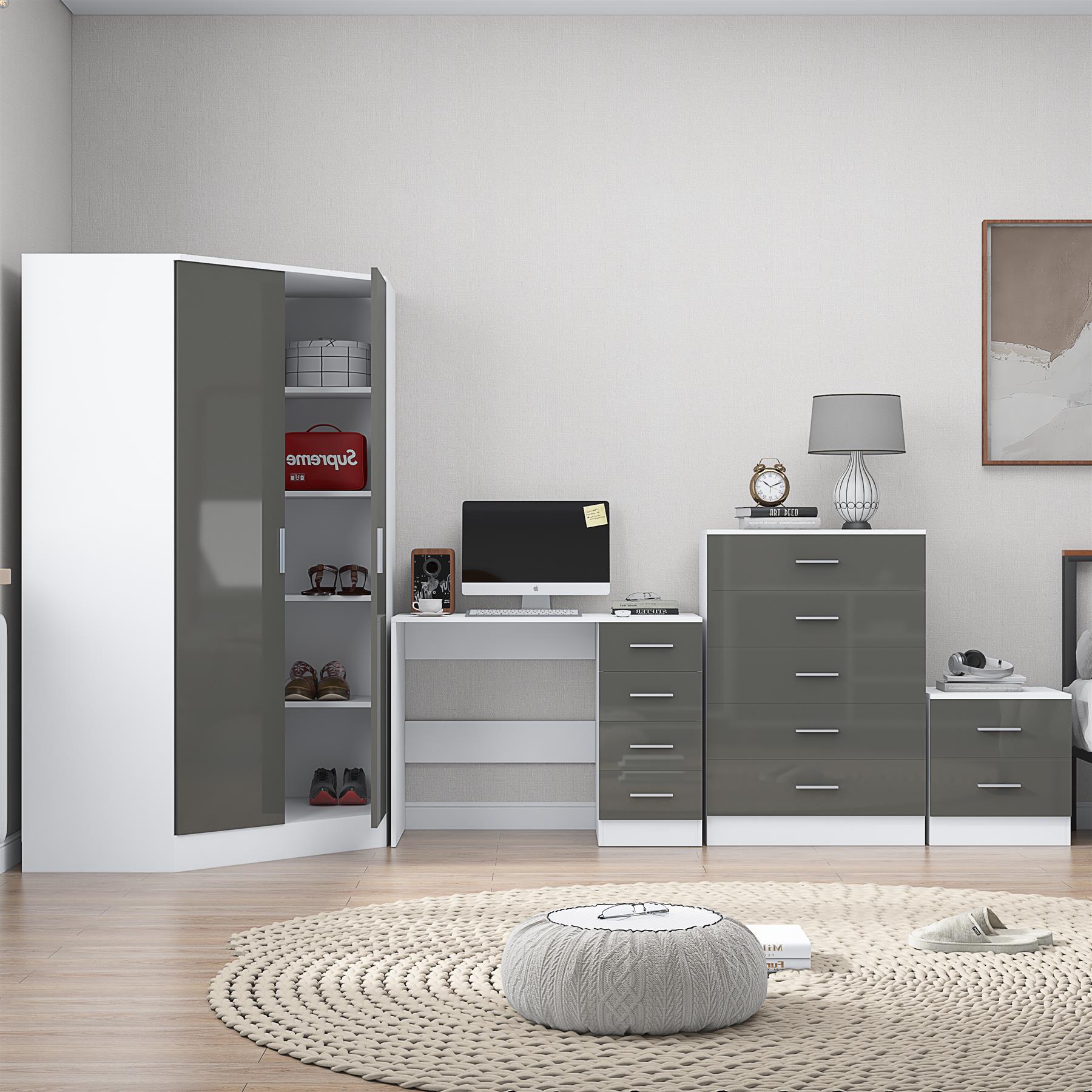 REFLECT Gloss 4pc Set - 2 Door Corner Wardrobe + 5 Draw Chest + Bedside + Desk - Picture 25 of 41
