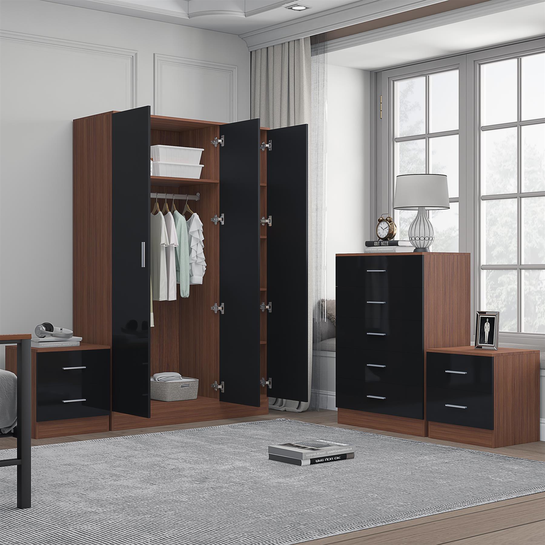 REFLECT Gloss 4pc Set - 3 Door Mirrored Wardrobe + 5 Draw Chest + 2 Bedsides - Picture 18 of 52