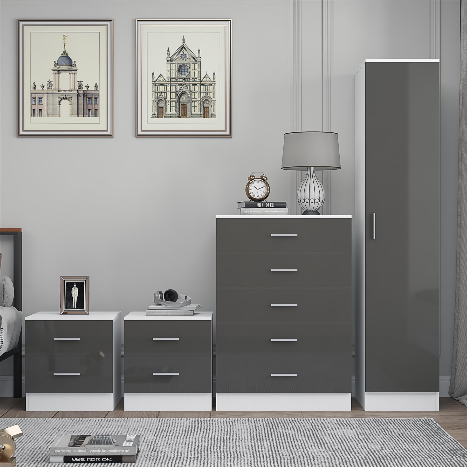 REFLECT Gloss 4pc Bedroom Set - 1 Door Wardrobe + 5 Draw Chest + 2 Bedsides - Picture 28 of 49