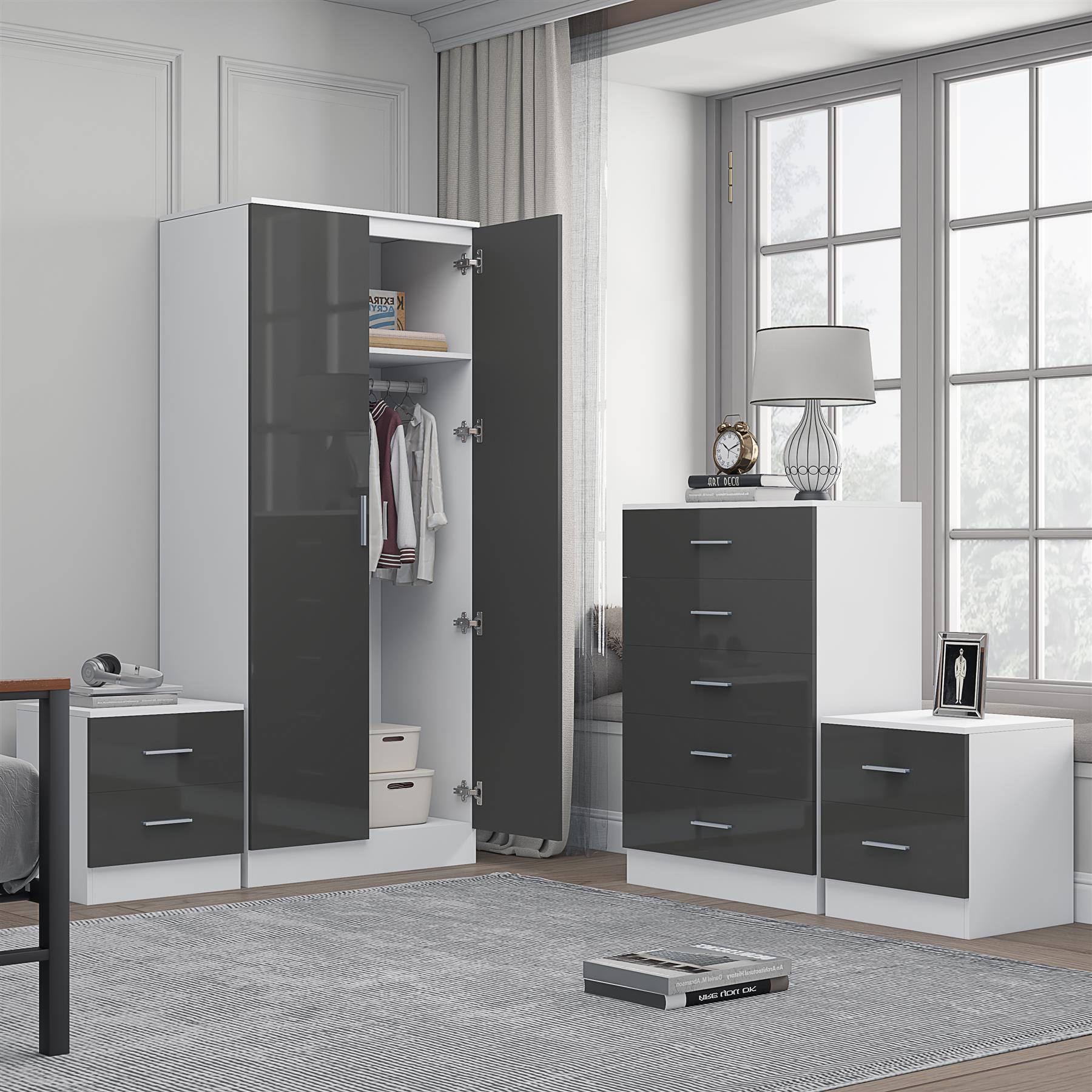 REFLECT Gloss 4pc Bedroom Set - 2 Door Wardrobe + 5 Draw Chest + 2 Bedsides - Picture 27 of 49