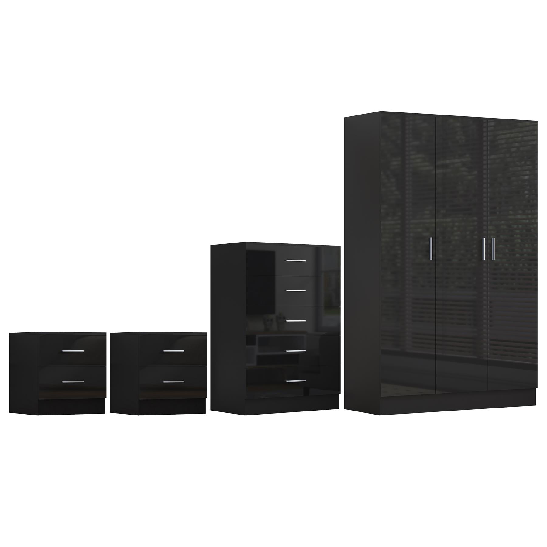 REFLECT Gloss 4pc Bedroom Set - 3 Door Wardrobe + 5 Draw Chest + 2 Bedsides - Picture 12 of 52