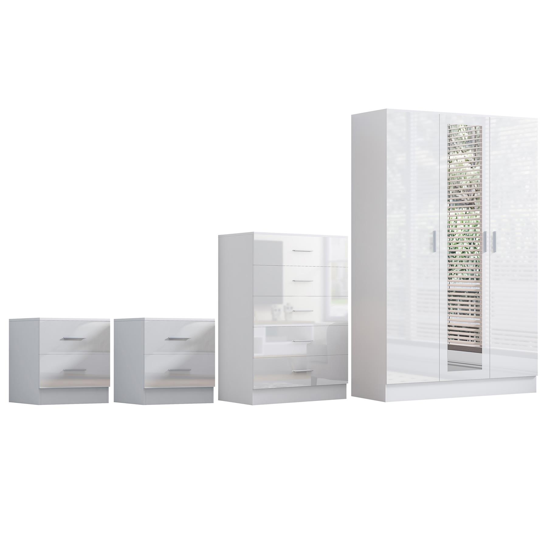 REFLECT Gloss 4pc Set - 3 Door Mirrored Wardrobe + 5 Draw Chest + 2 Bedsides - Picture 45 of 52
