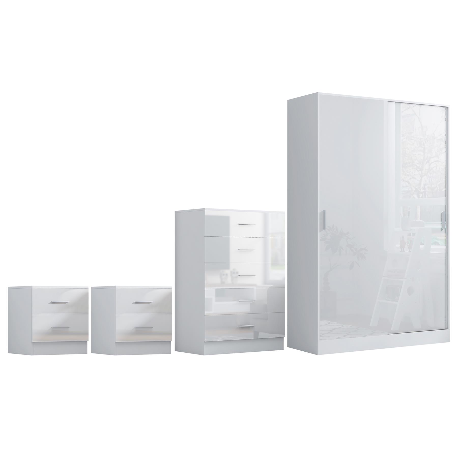 REFLECT Gloss 4pc Set - 2 Door Sliding Wardrobe + 5 Draw Chest + 2 Bedsides - Picture 36 of 41