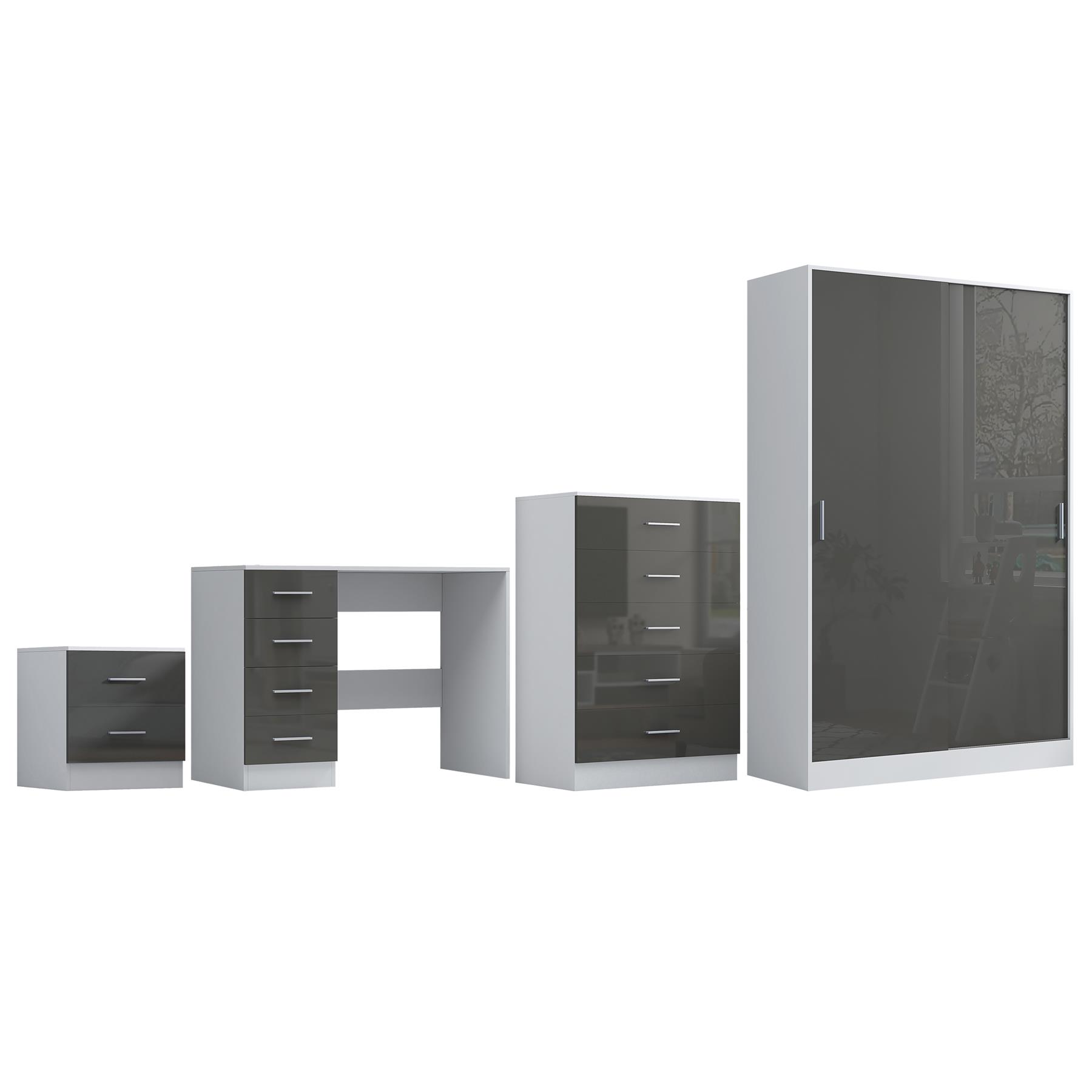 REFLECT Gloss 4pc Set - 2 Door Sliding Wardrobe + 5 Draw Chest + Bedside + Desk - Picture 26 of 41