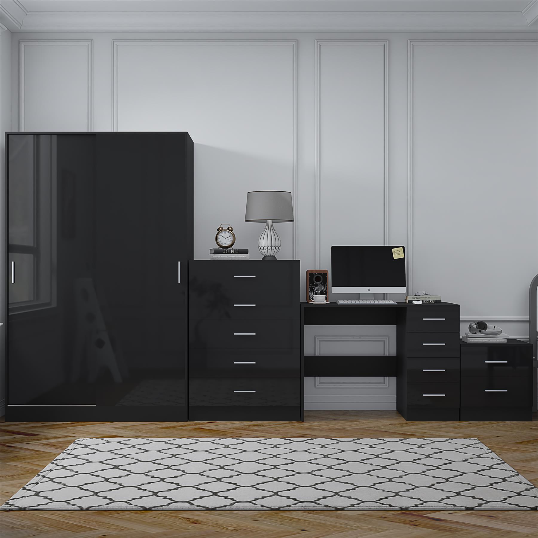 REFLECT Gloss 4pc Set - 2 Door Sliding Wardrobe + 5 Draw Chest + Bedside + Desk - Picture 5 of 41