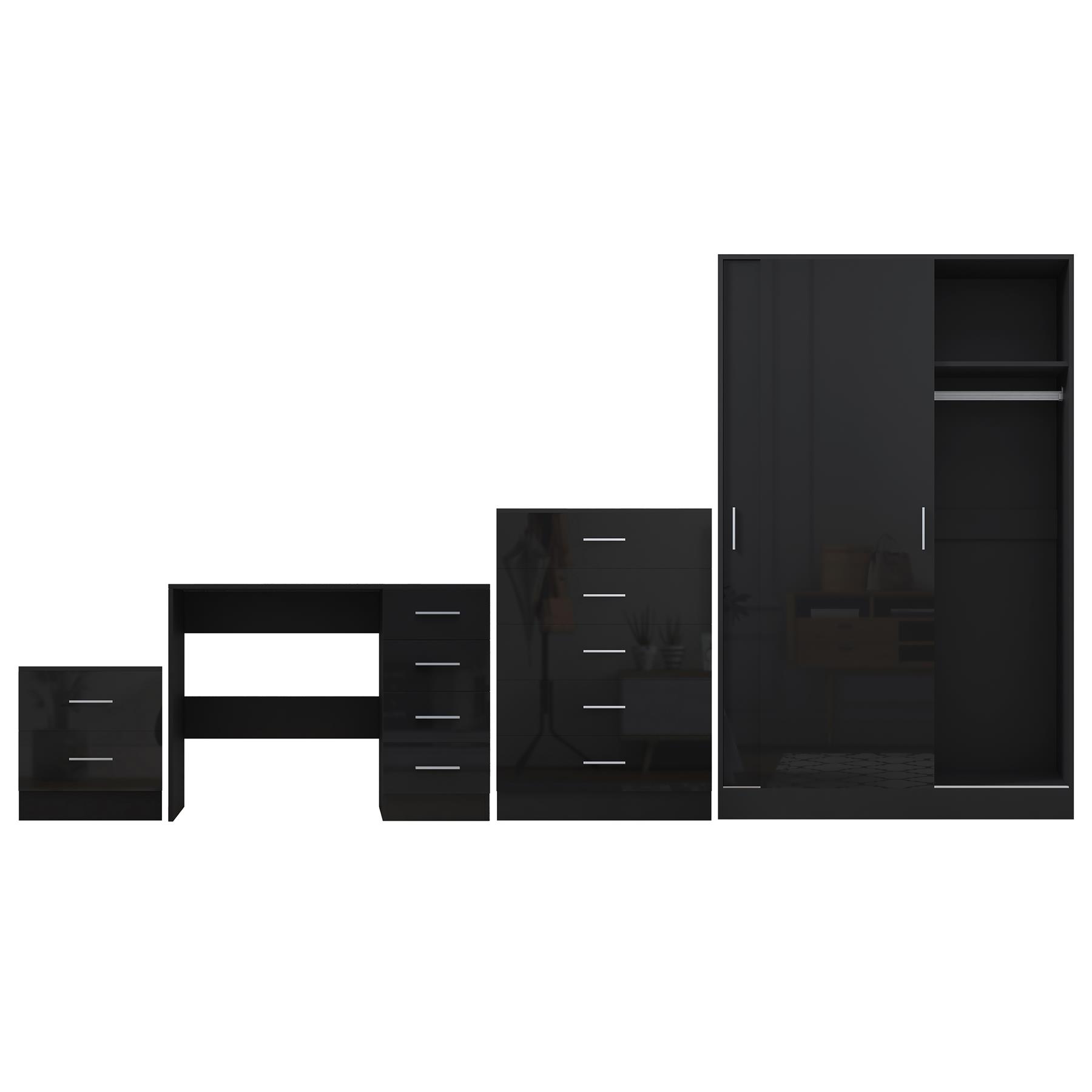REFLECT Gloss 4pc Set - 2 Door Sliding Wardrobe + 5 Draw Chest + Bedside + Desk - Picture 7 of 41