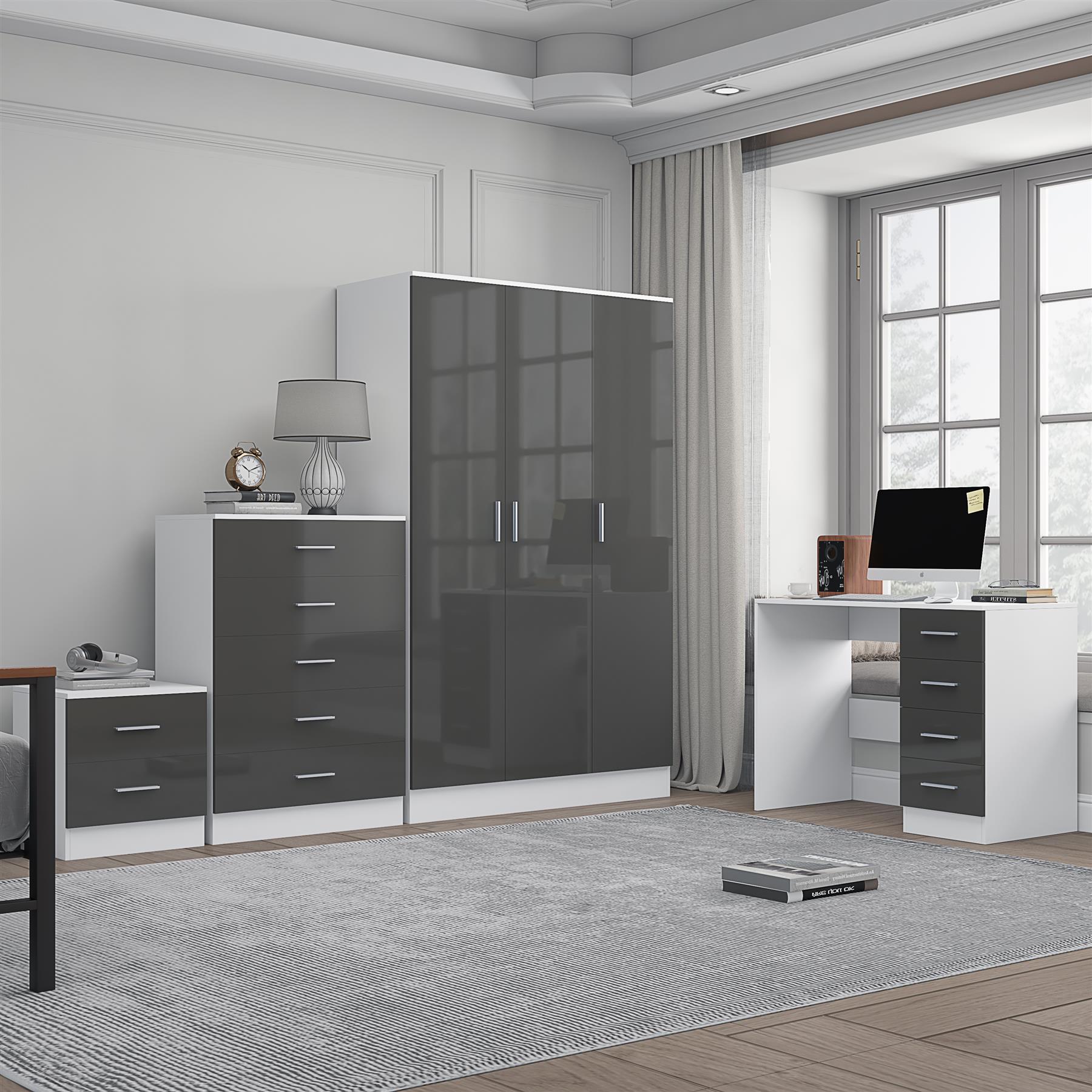 REFLECT Gloss 4pc Bedroom Set - 3 Door Wardrobe + Tall Chest + Bedside + Desk - Picture 22 of 41