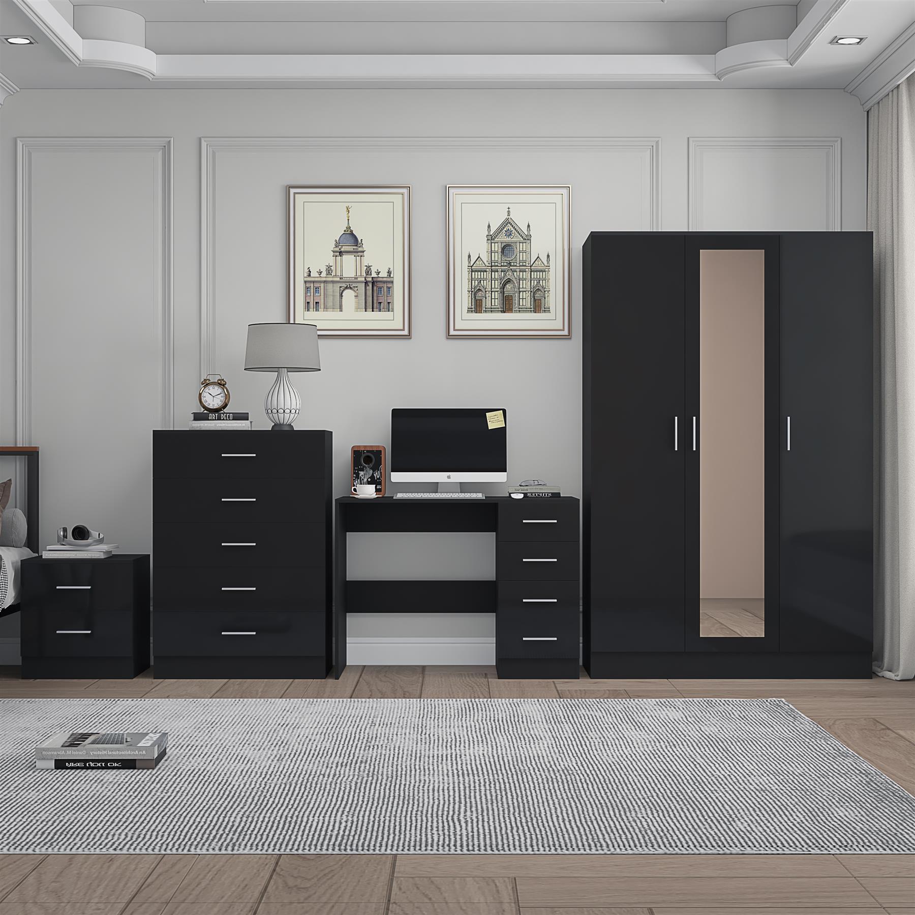 REFLECT Gloss 4pc Set - 3 Door Mirrored Wardrobe + 5 Draw Chest + Bedside + Desk - Picture 8 of 53