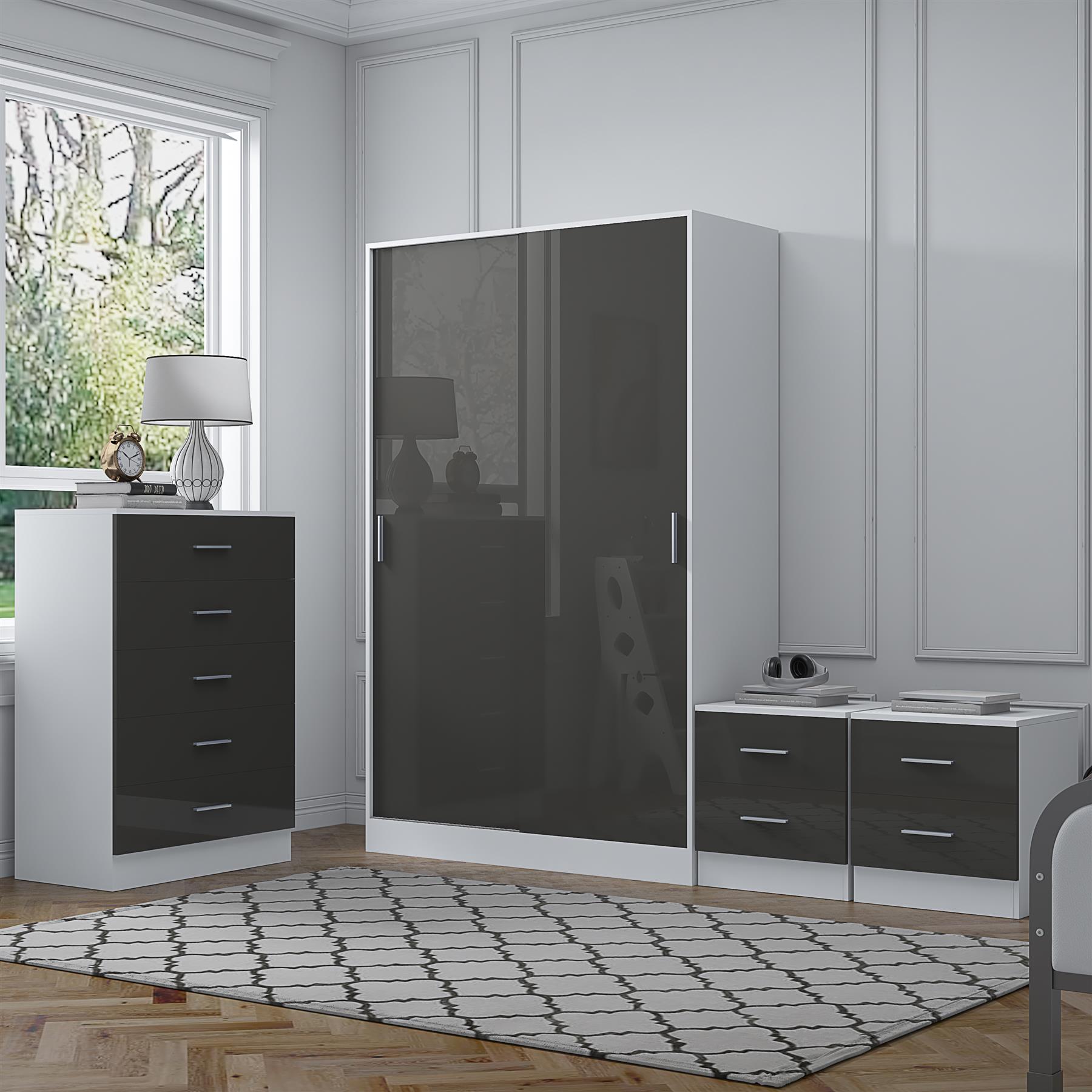 REFLECT Gloss 4pc Set - 2 Door Sliding Wardrobe + 5 Draw Chest + 2 Bedsides - Picture 23 of 41