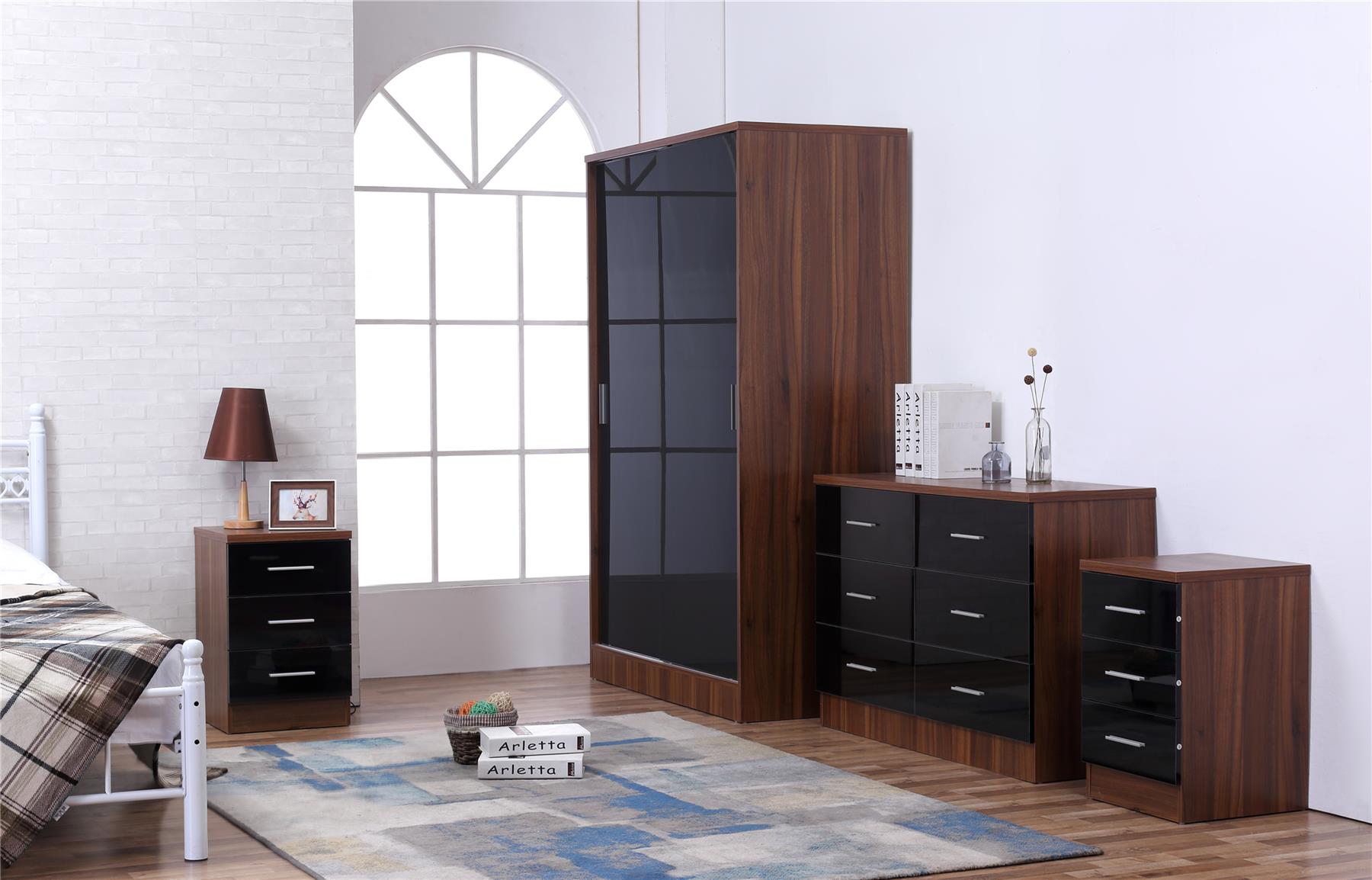 REFLECT Gloss 4pc Set - 2 Door Sliding Wardrobe + Wide Chest + 2 Tall Bedsides - Picture 6 of 8