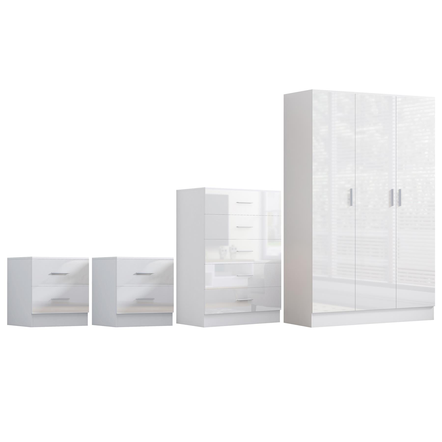 REFLECT Gloss 4pc Bedroom Set - 3 Door Wardrobe + 5 Draw Chest + 2 Bedsides - Picture 45 of 52