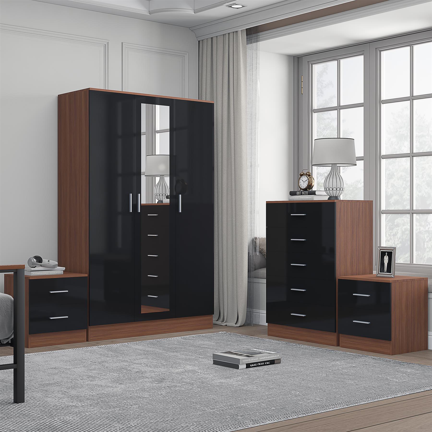REFLECT Gloss 4pc Set - 3 Door Mirrored Wardrobe + 5 Draw Chest + 2 Bedsides - Picture 17 of 52