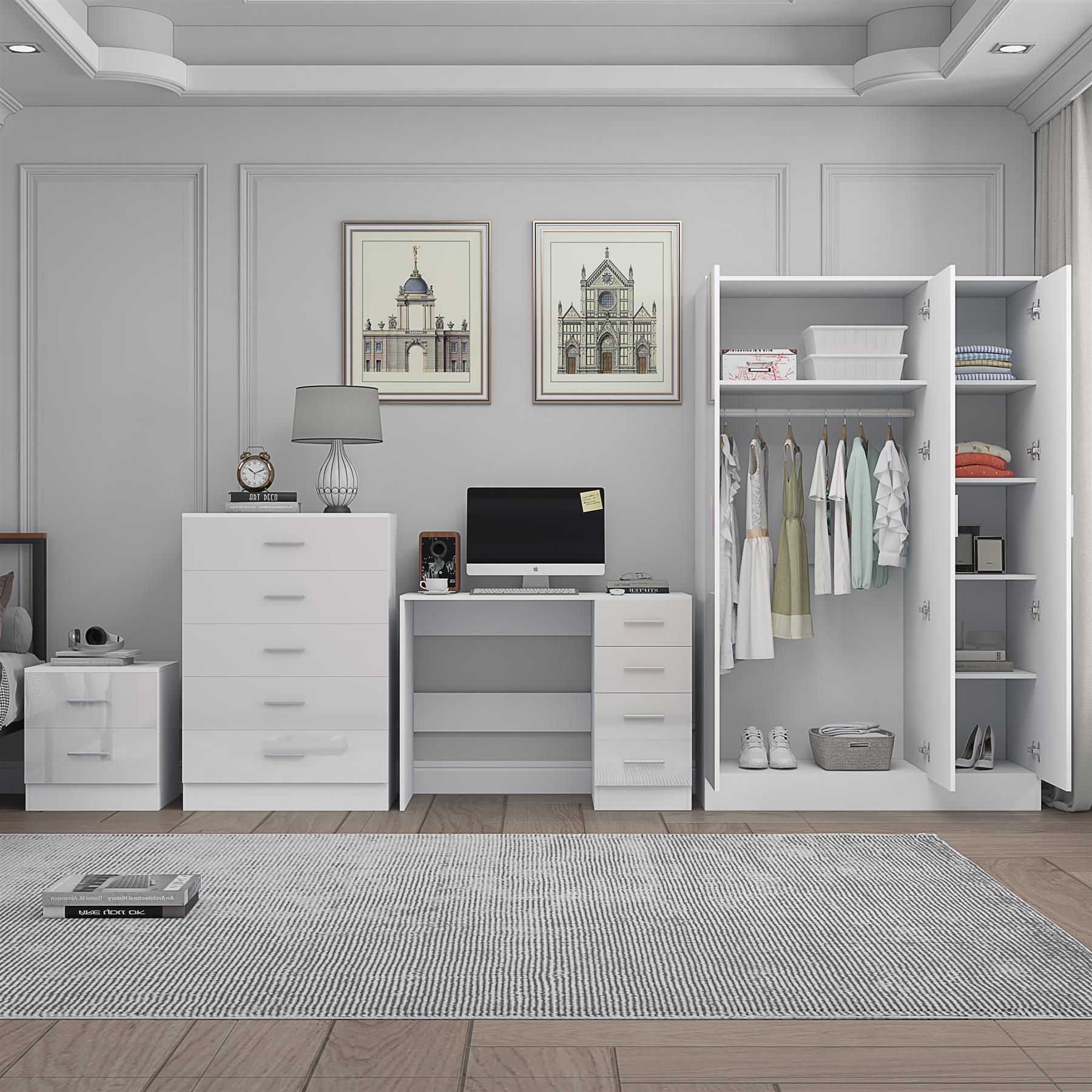 REFLECT Gloss 4pc Set - 3 Door Mirrored Wardrobe + 5 Draw Chest + Bedside + Desk - Picture 45 of 53