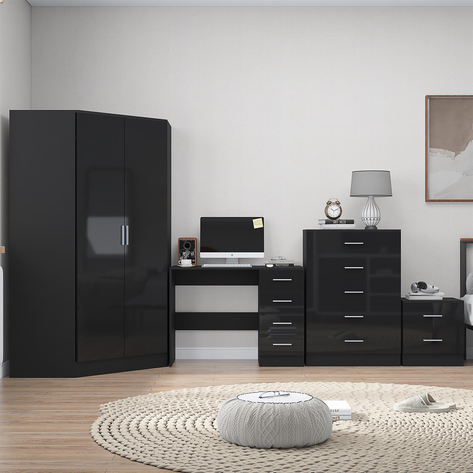 REFLECT Gloss 4pc Set - 2 Door Corner Wardrobe + 5 Draw Chest + Bedside + Desk - Picture 4 of 41