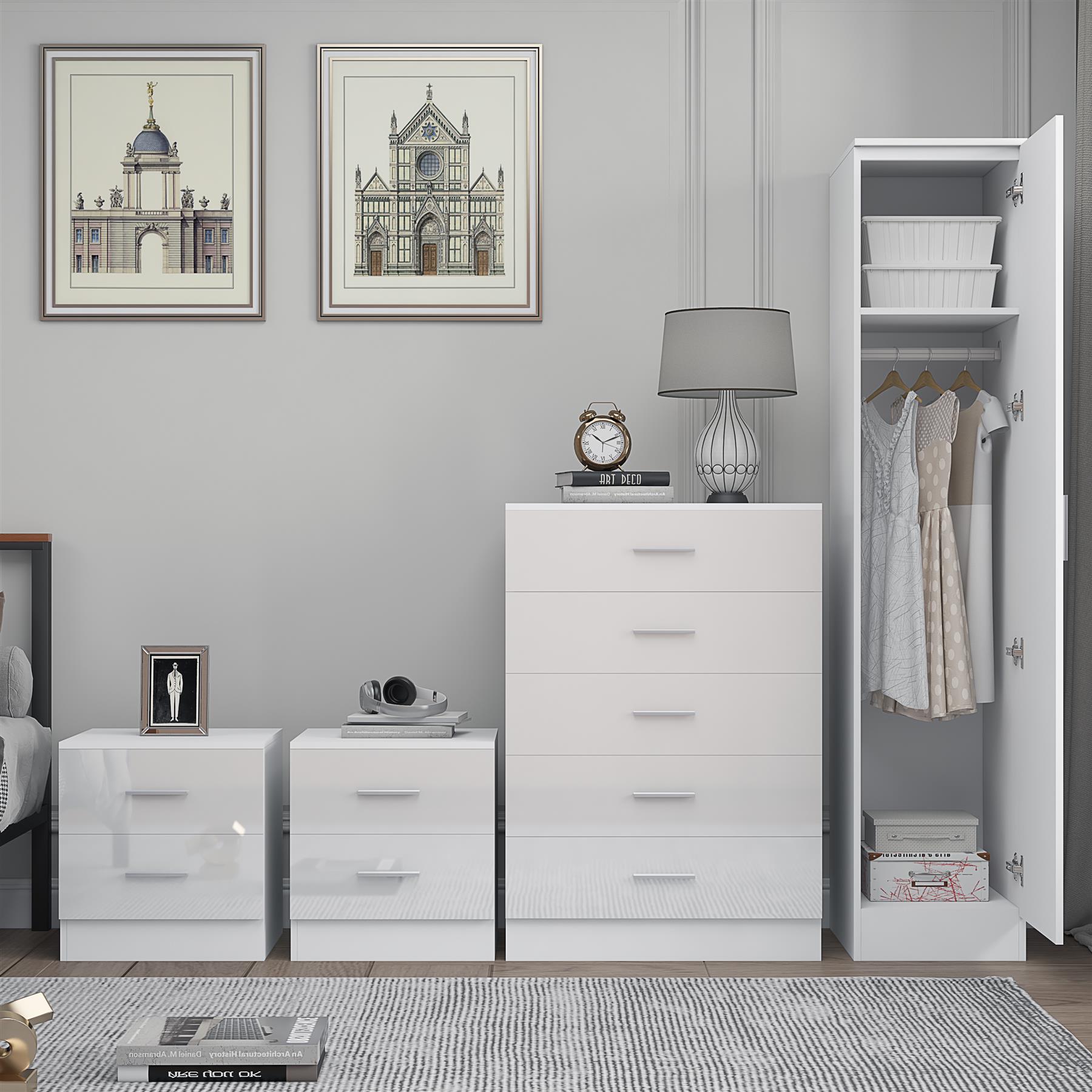 REFLECT Gloss 4pc Bedroom Set - 1 Door Wardrobe + 5 Draw Chest + 2 Bedsides - Picture 41 of 49