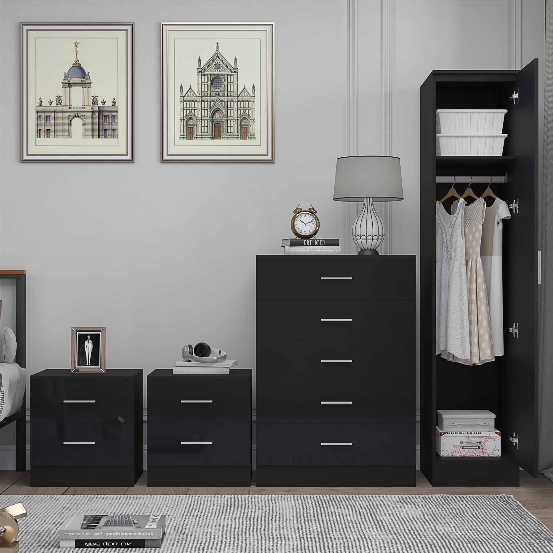REFLECT Gloss 4pc Bedroom Set - 1 Door Wardrobe + 5 Draw Chest + 2 Bedsides - Picture 5 of 49