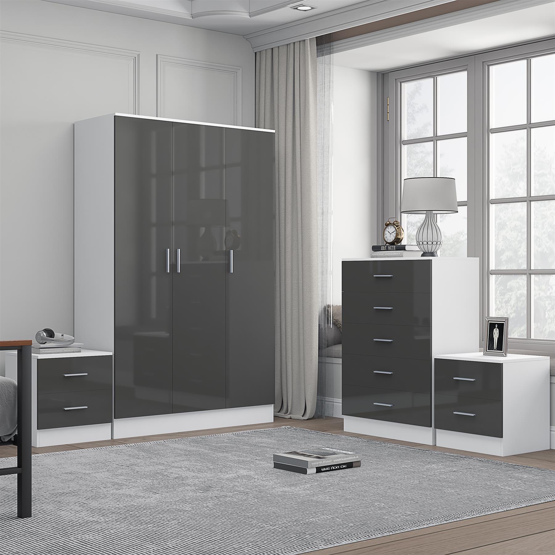REFLECT Gloss 4pc Bedroom Set - 3 Door Wardrobe + 5 Draw Chest + 2 Bedsides - Picture 29 of 52