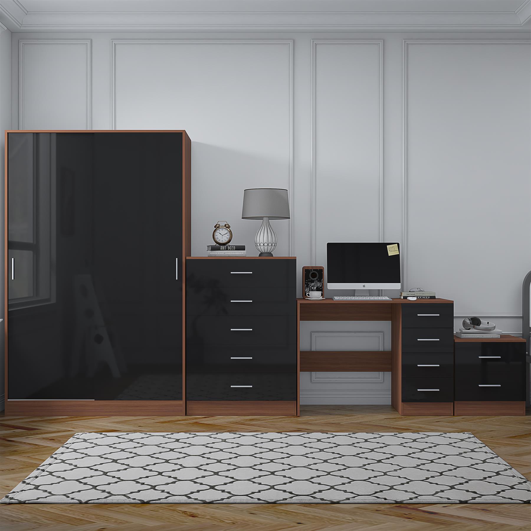 REFLECT Gloss 4pc Set - 2 Door Sliding Wardrobe + 5 Draw Chest + Bedside + Desk - Picture 15 of 41