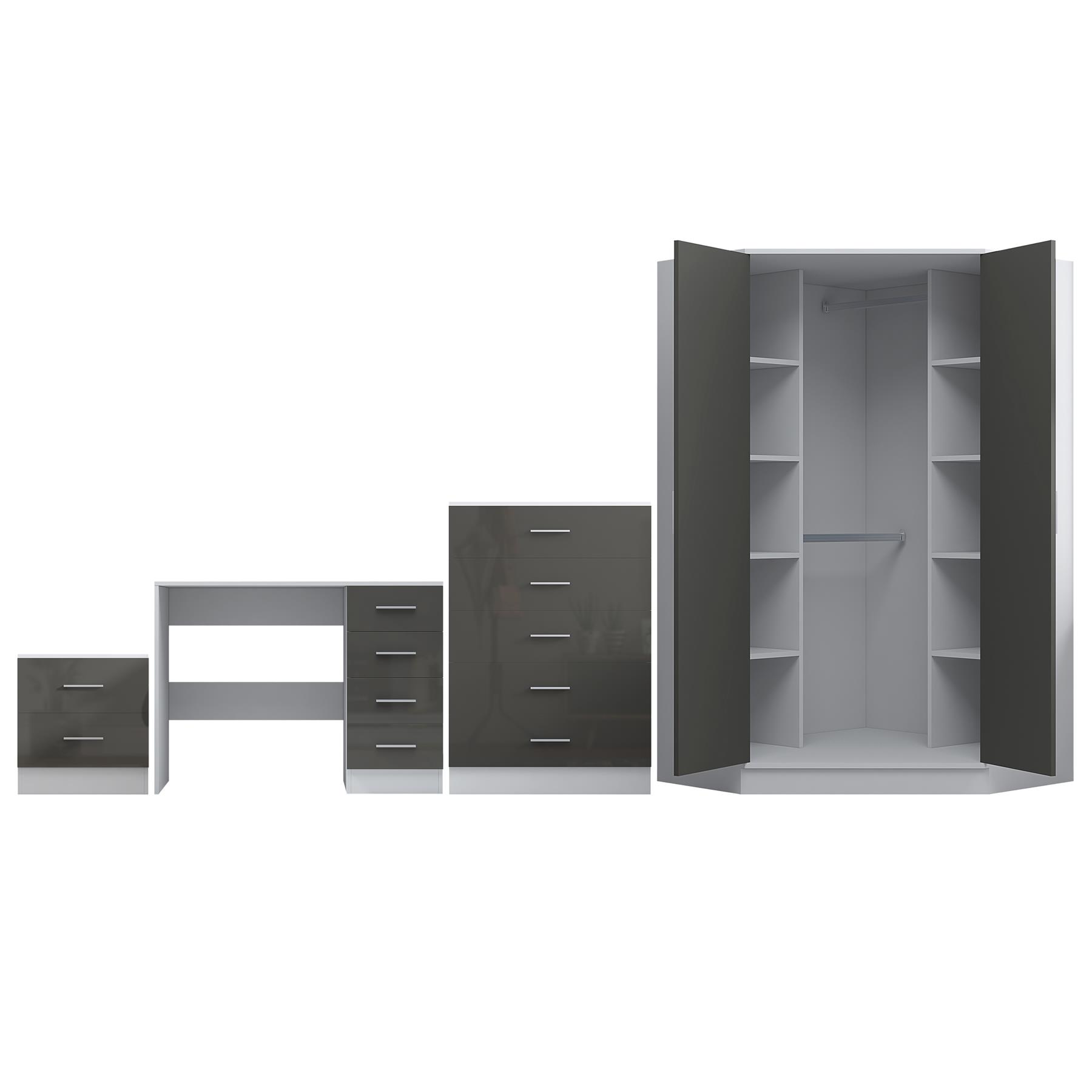 REFLECT Gloss 4pc Set - 2 Door Corner Wardrobe + 5 Draw Chest + Bedside + Desk - Picture 27 of 41