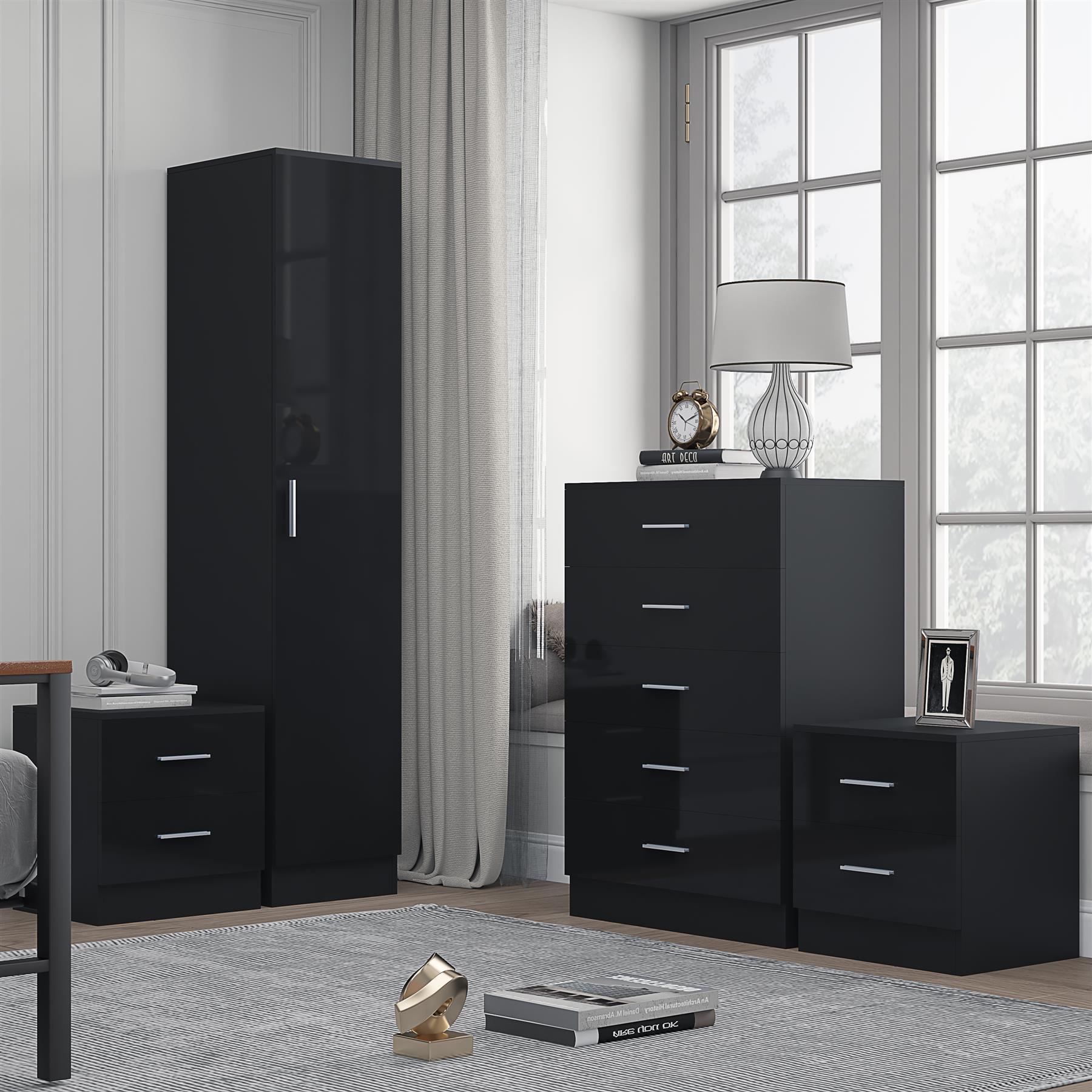 REFLECT Gloss 4pc Bedroom Set - 1 Door Wardrobe + 5 Draw Chest + 2 Bedsides - Picture 2 of 49