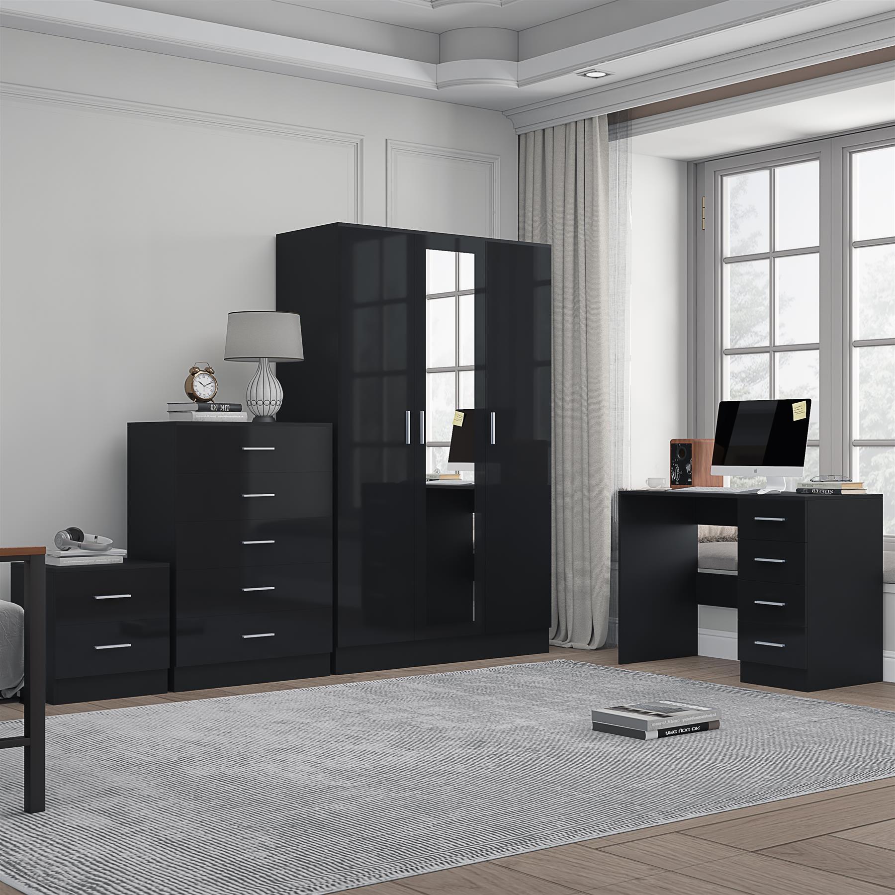 REFLECT Gloss 4pc Set - 3 Door Mirrored Wardrobe + 5 Draw Chest + Bedside + Desk - Picture 6 of 53