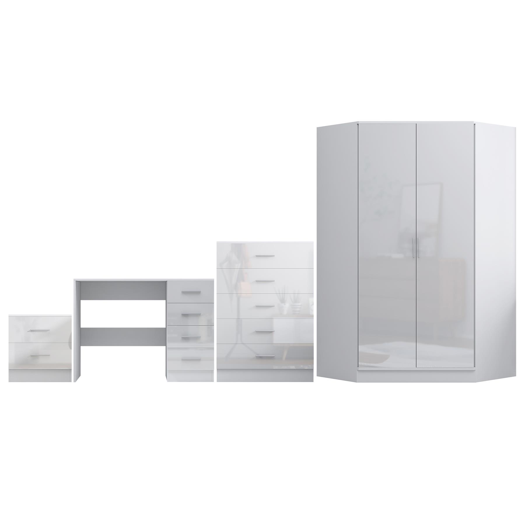 REFLECT Gloss 4pc Set - 2 Door Corner Wardrobe + 5 Draw Chest + Bedside + Desk - Picture 36 of 41