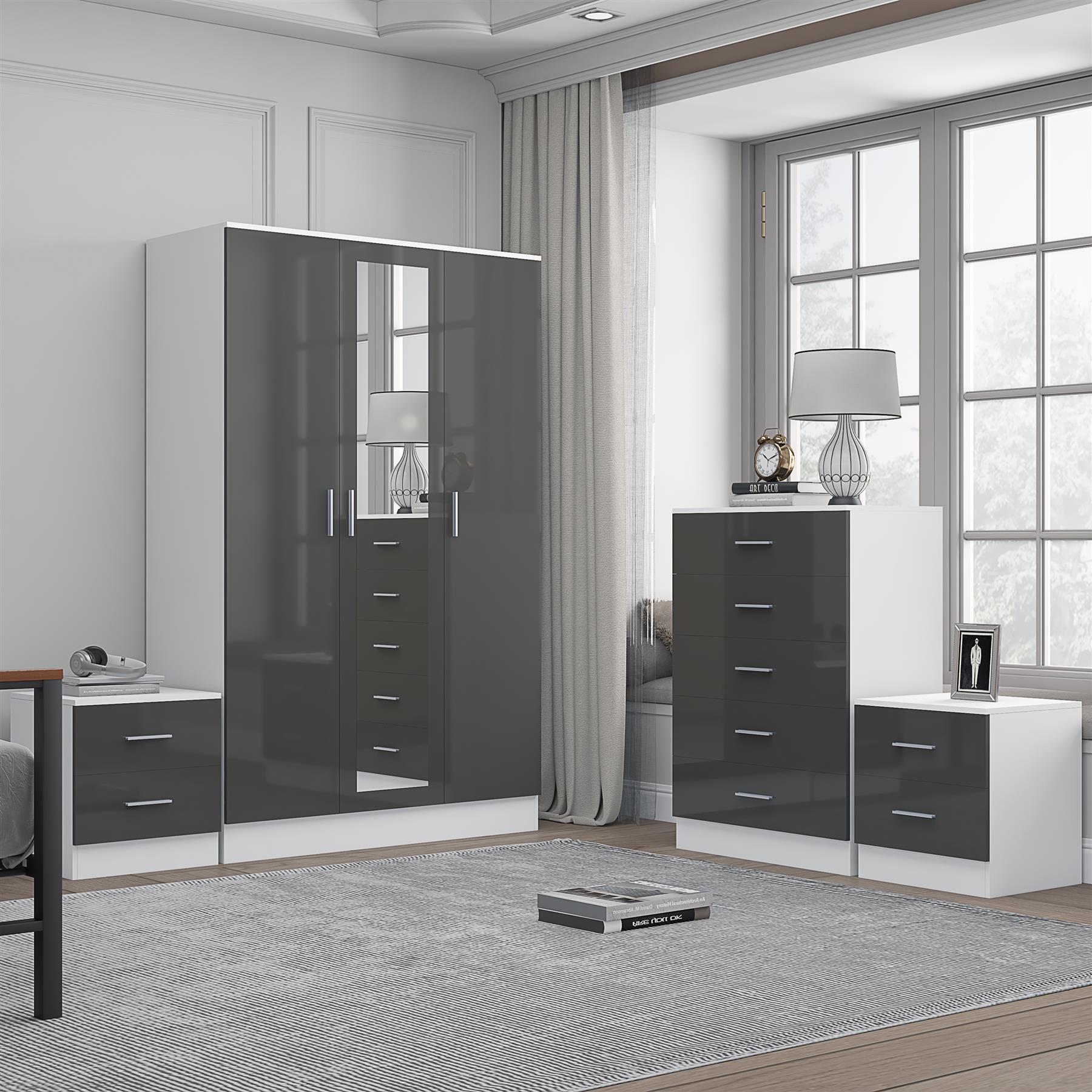 REFLECT Gloss 4pc Set - 3 Door Mirrored Wardrobe + 5 Draw Chest + 2 Bedsides - Picture 29 of 52