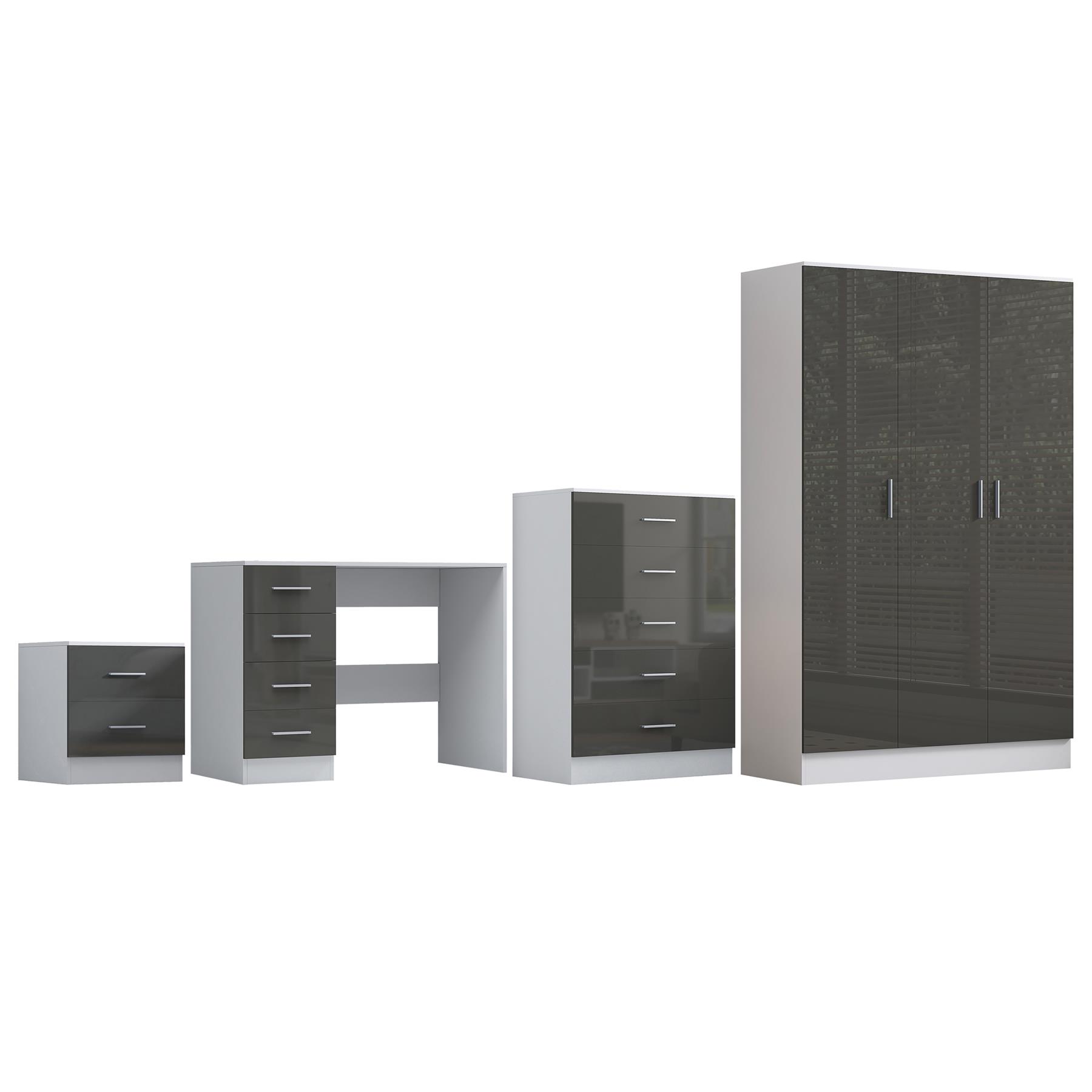 REFLECT Gloss 4pc Bedroom Set - 3 Door Wardrobe + Tall Chest + Bedside + Desk - Picture 26 of 41