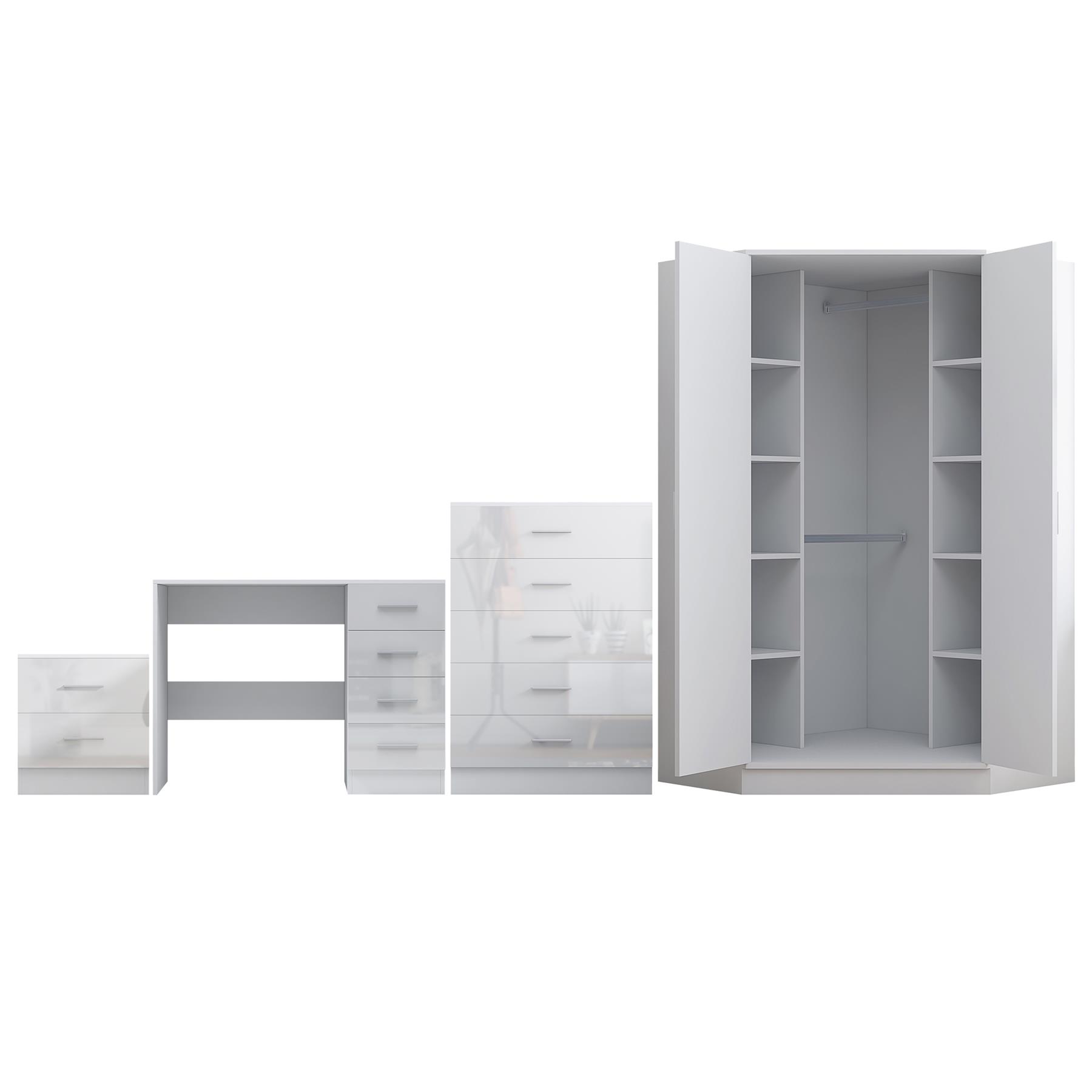 REFLECT Gloss 4pc Set - 2 Door Corner Wardrobe + 5 Draw Chest + Bedside + Desk - Picture 37 of 41