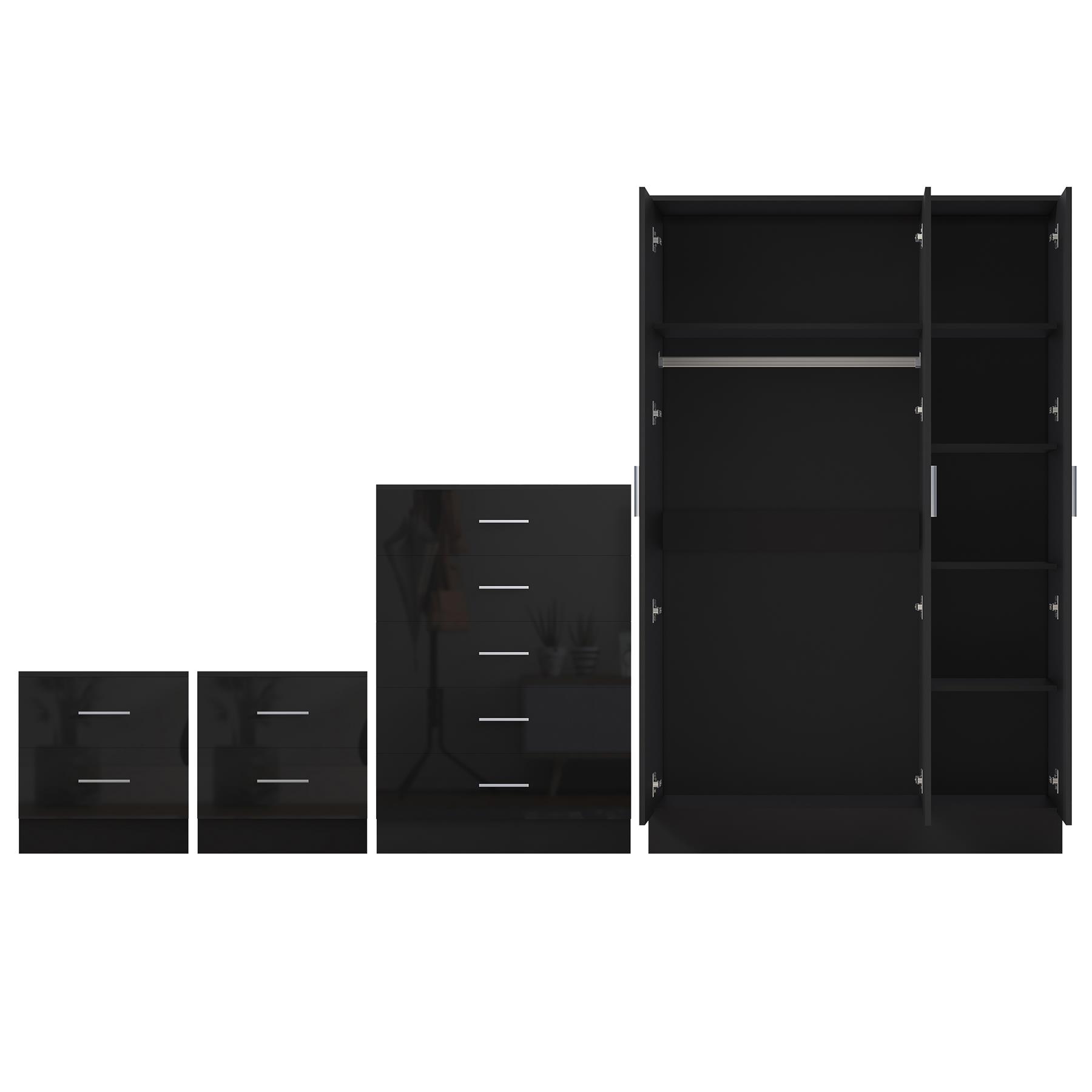 REFLECT Gloss 4pc Set - 3 Door Mirrored Wardrobe + 5 Draw Chest + 2 Bedsides - Picture 13 of 52