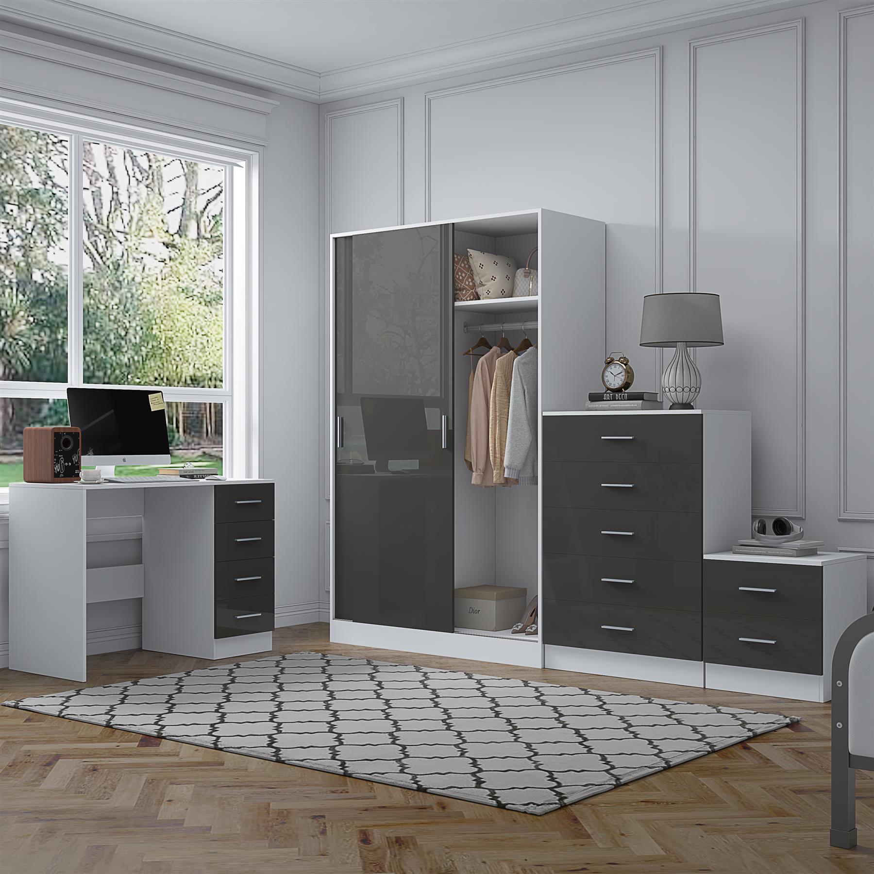 REFLECT Gloss 4pc Set - 2 Door Sliding Wardrobe + 5 Draw Chest + Bedside + Desk - Picture 22 of 41