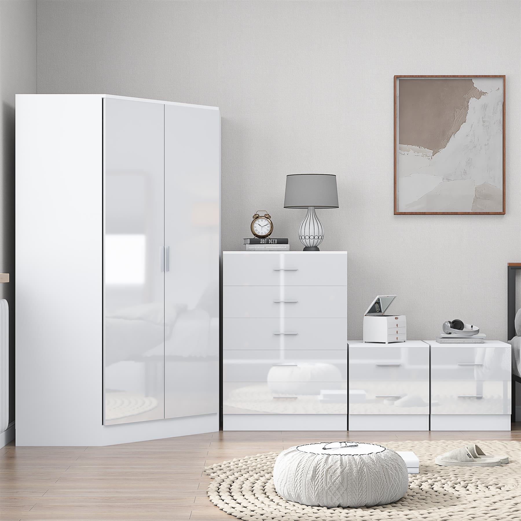 REFLECT Gloss 4pc Set - 2 Door Corner Wardrobe + 5 Draw Chest + 2 Bedsides - Picture 34 of 41