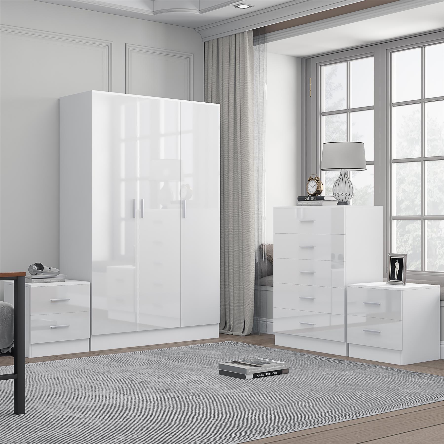REFLECT Gloss 4pc Bedroom Set - 3 Door Wardrobe + 5 Draw Chest + 2 Bedsides - Picture 41 of 52