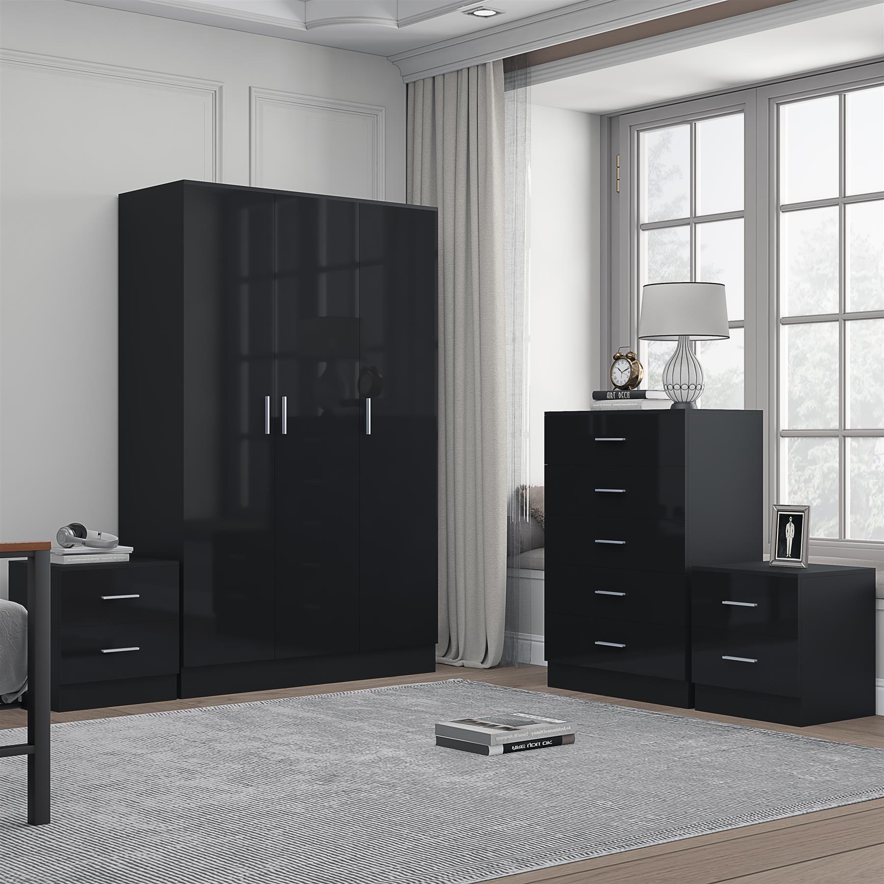 REFLECT Gloss 4pc Bedroom Set - 3 Door Wardrobe + 5 Draw Chest + 2 Bedsides - Picture 5 of 52